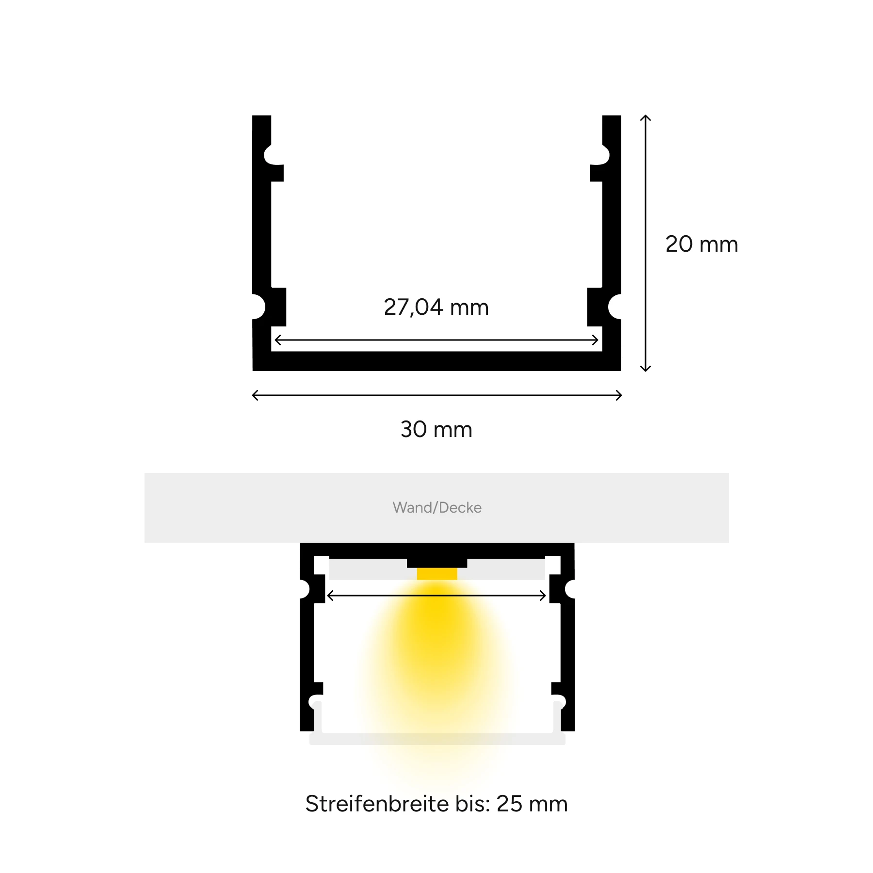 schwarzes Aluminium LED Aufputz Profil, Classic Maxi, 3,0 x 2,0 x 15cm - ohne Abdeckung - ohne Endkappen