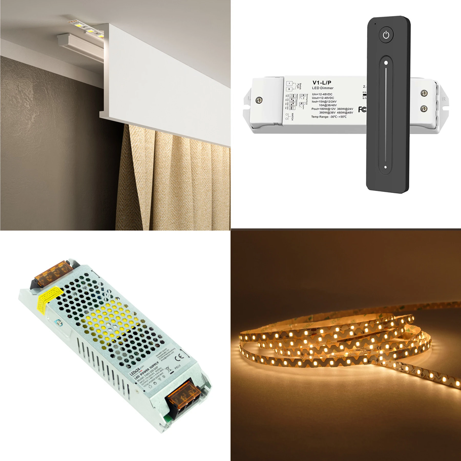 Stuckleisten Set -  Blende Gardinenschiene -  Stuckprofil mit 48V LED Streifen - Fernbedienung und Netzteil