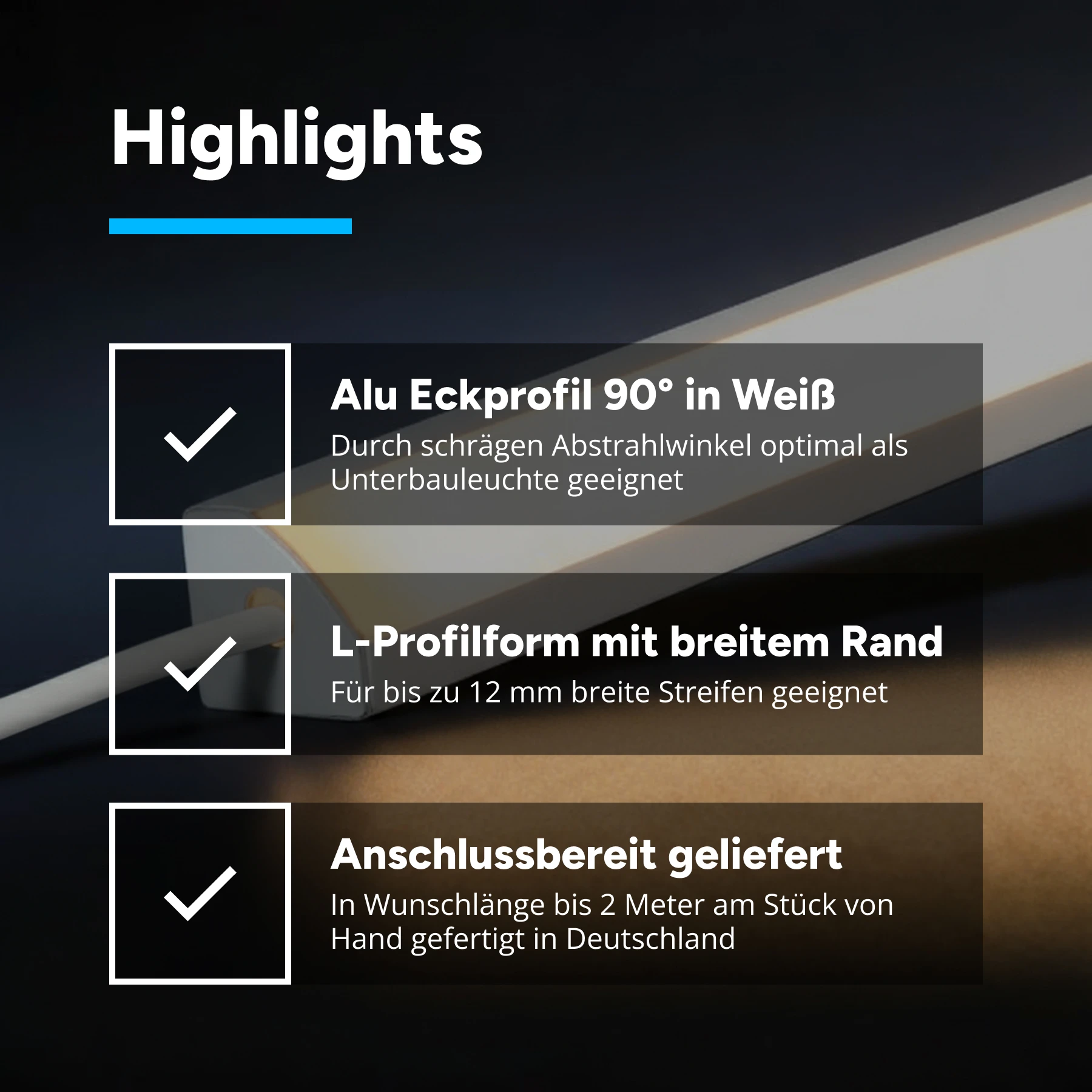 24V White Line LED Eckleiste - COB - warmweiß - diffuse Abdeckung - 33cm - 144 LED Chips - 4 Watt - 360 Lumen - kein Anschlußkabel zum Netzteil - mit Ausgangskabel ( zum Anschluss einer weiteren LED- Leiste )