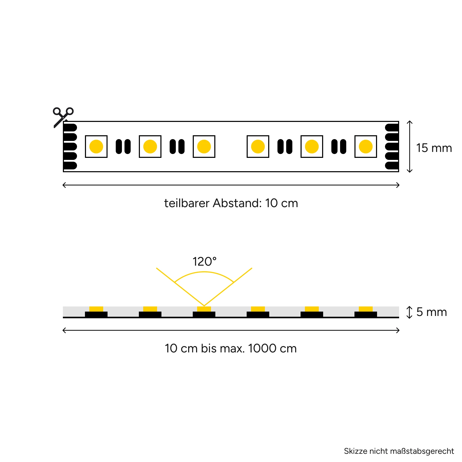 24V wasserfester LED Streifen - RGBW - IP65 - 60 LEDs je Meter - alle 10cm teilbar - 10cm - 6 LED Chips - 1,4 Watt - 120 Lumen - 15cm Eingangskabel mit offenen Enden