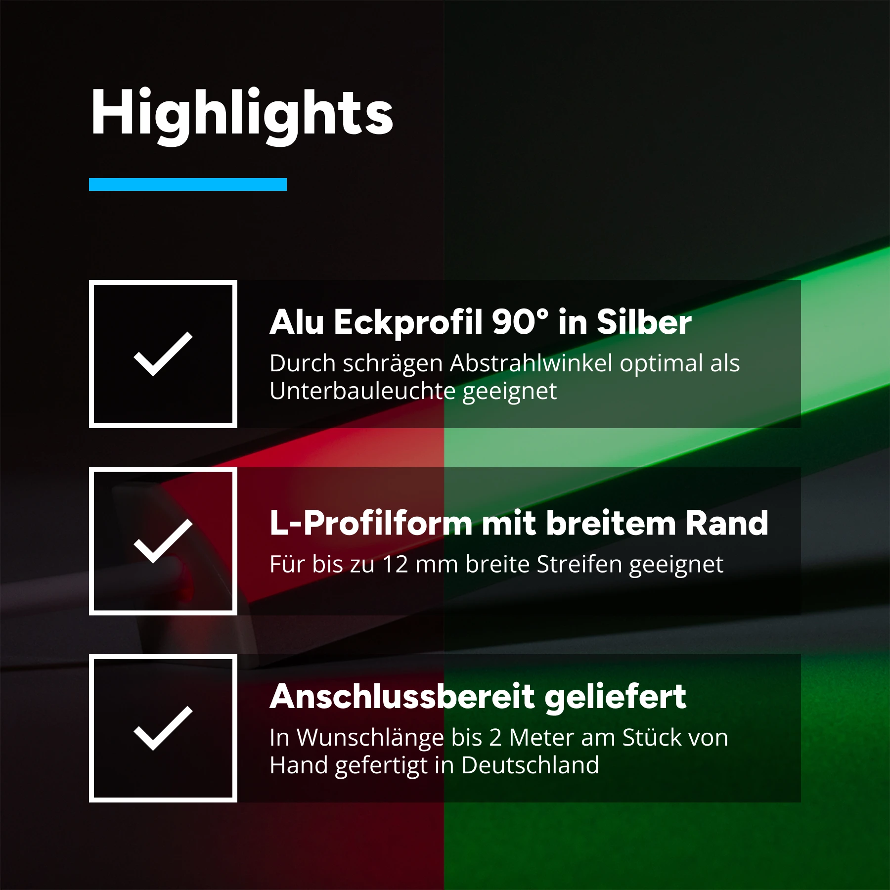 24V Aluminium LED Eckleiste - COB - RGB - diffuse  Abdeckung - 100,5cm - 819 LED Chips - 14,5 Watt - 683 Lumen - mit Ausgangskabel (zum Anschluss einer weiteren LED Leiste)