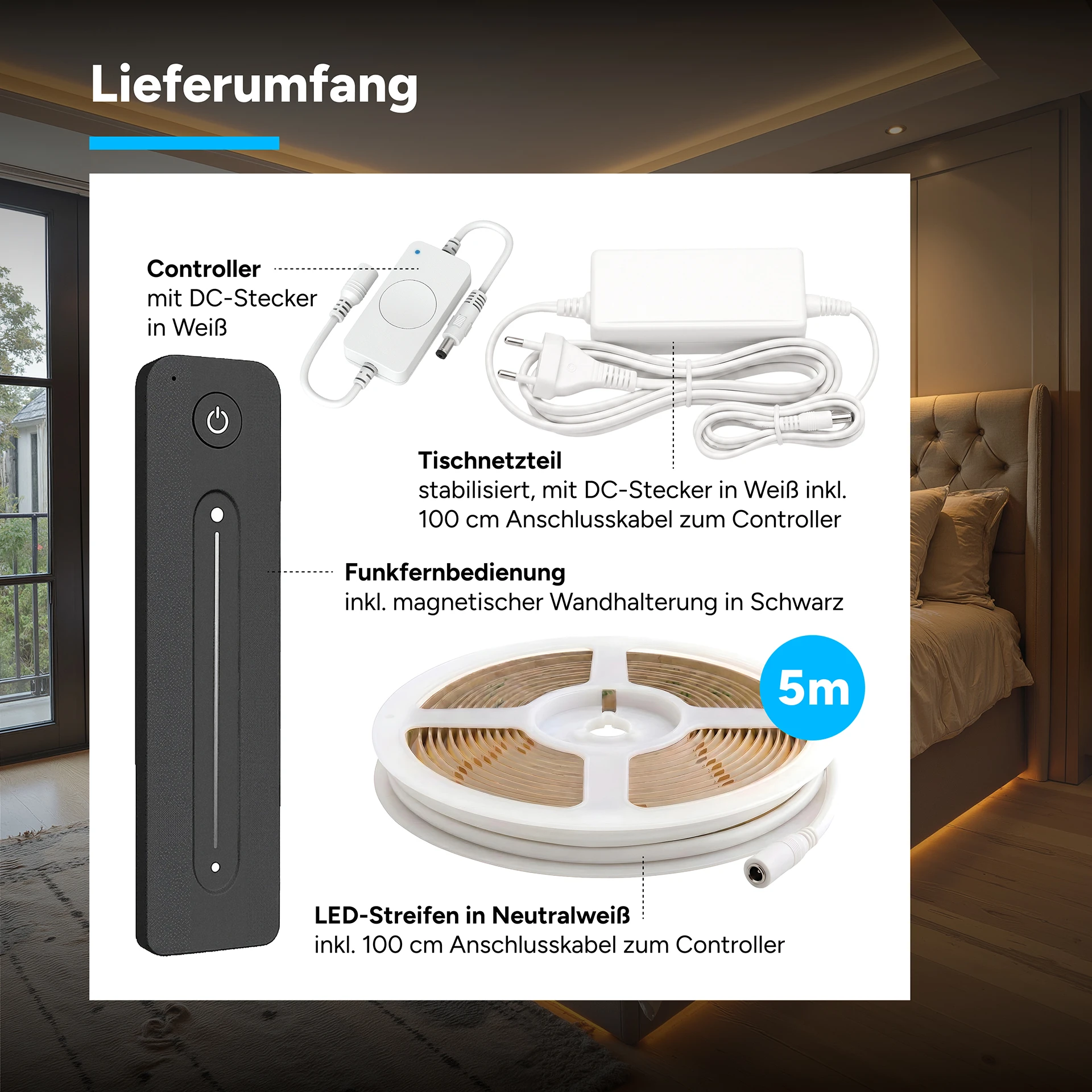 24V LED Streifen Set, 500 cm, Lichtfarbe neutralweiß, mit Netzteil und schwarzer Fernbedienung