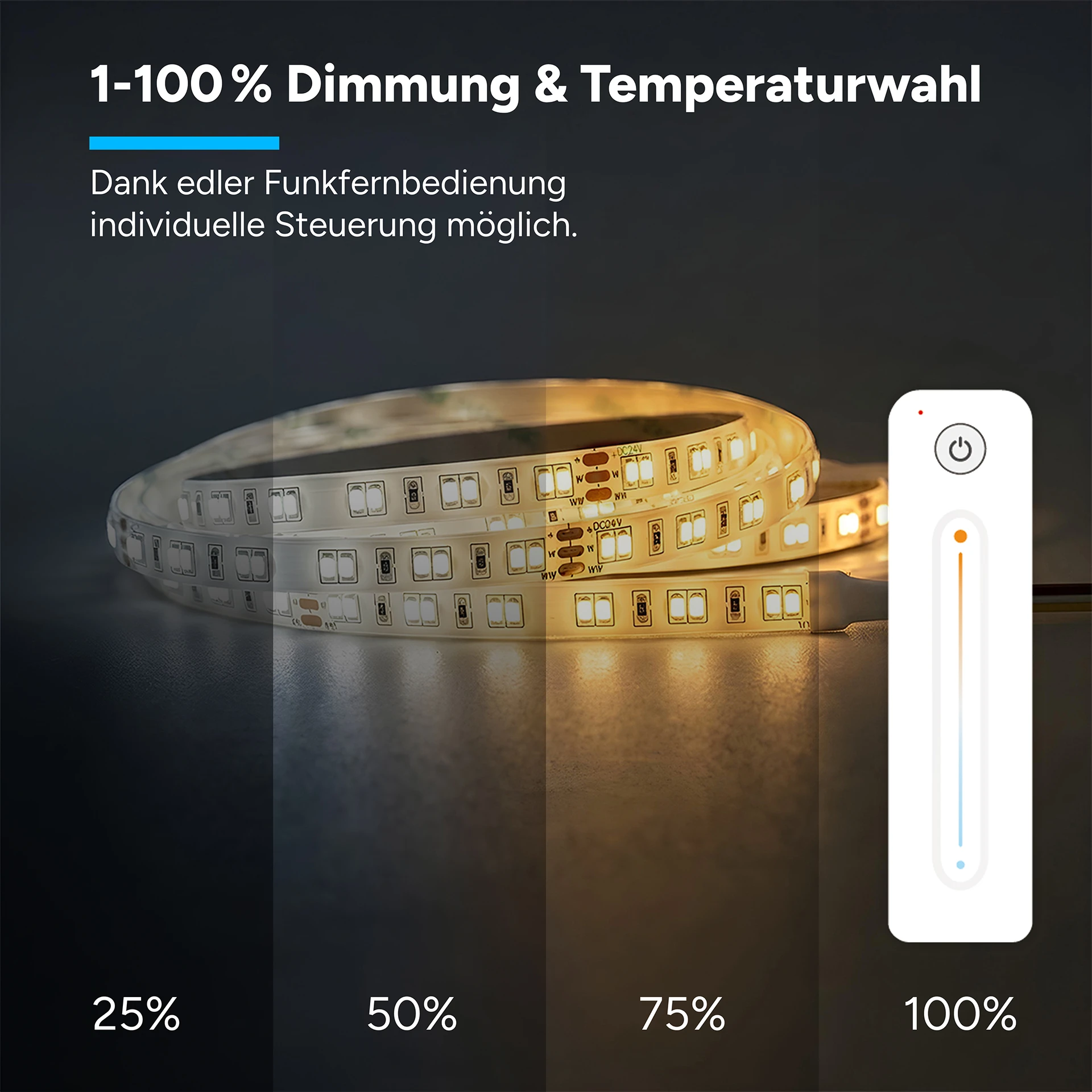 24V LED Streifen Set, 500 cm, Lichtfarbe weiß einstellbar, mit Netzteil und weißer Fernbedienung