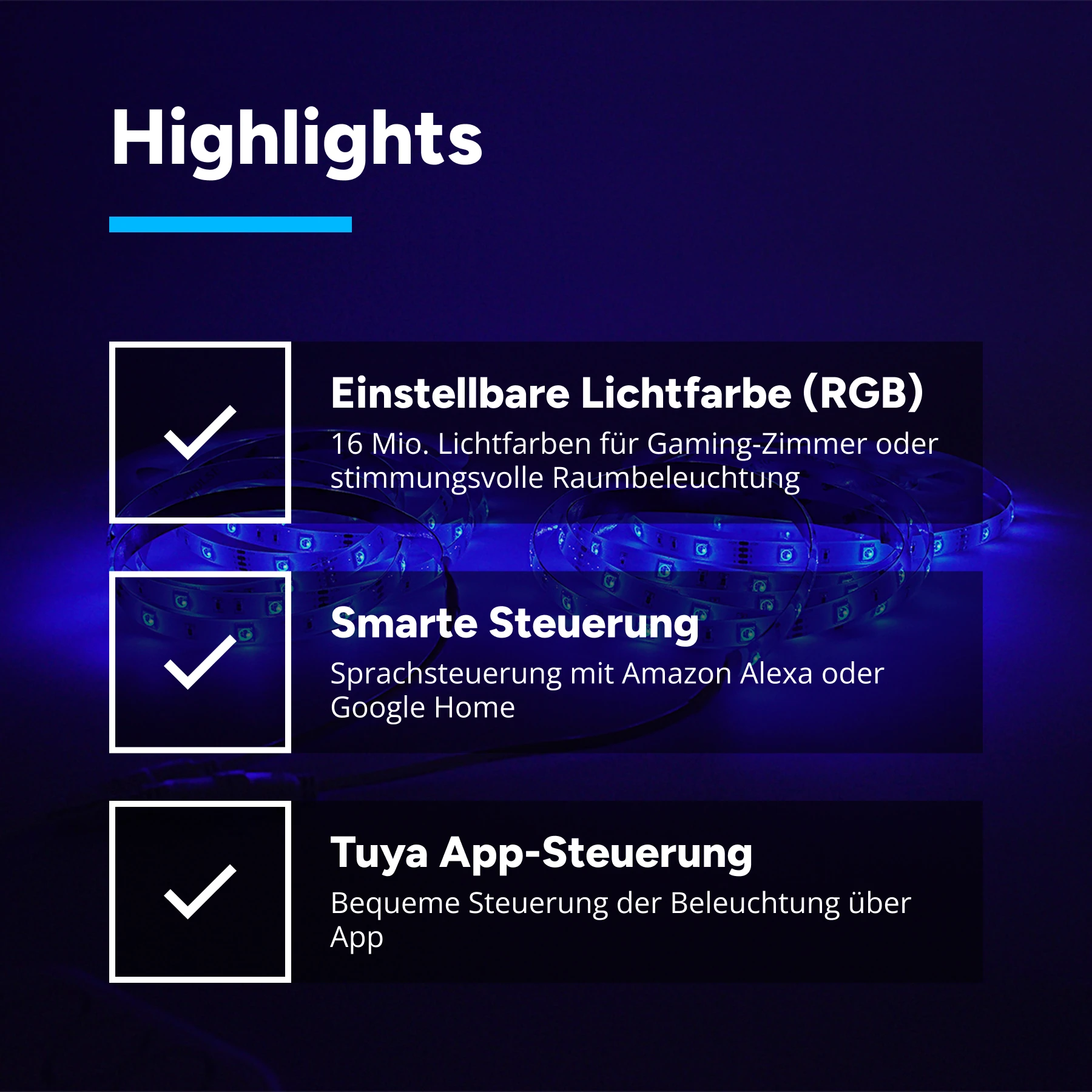12V Smart LED Strip Set - 2x 5m, RGB, IP44 - Tuya App, Sprachsteuerung über Alexa und Google Home