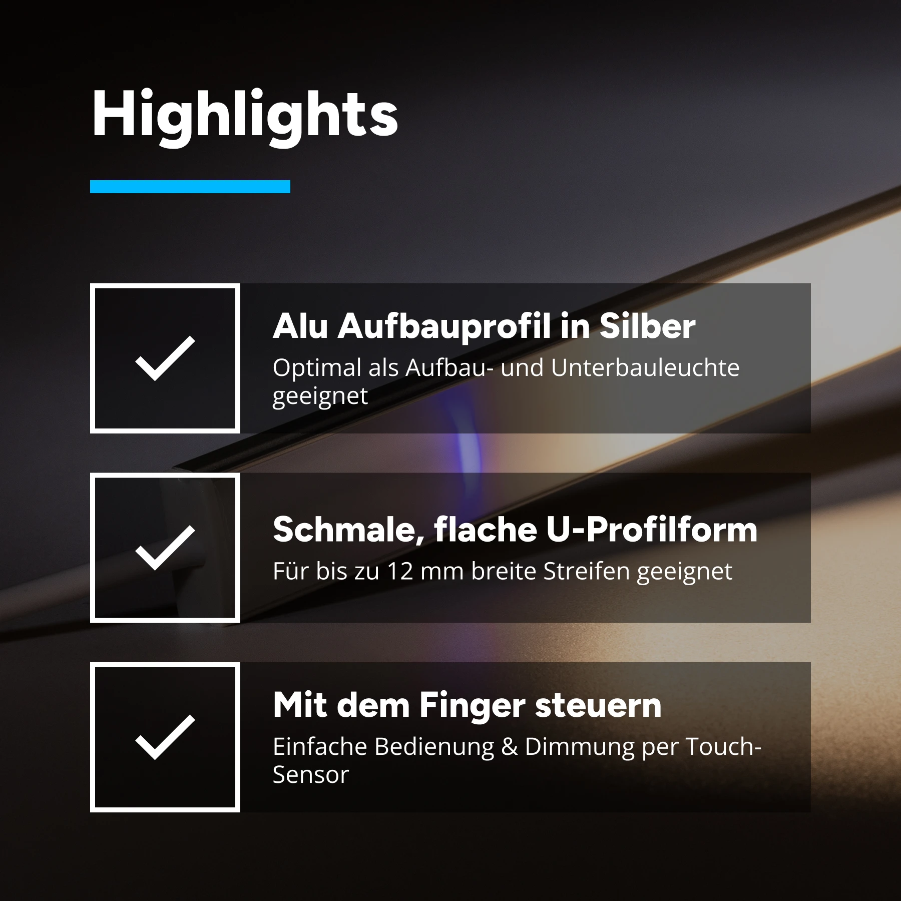 24V Touch Aluminium LED Leiste - neutralweiß - diffuse Abdeckung - kein Anschlußkabel zum Netzteil - mit Ausgangskabel (zum Anschluss einer weiteren LED Leiste) - 37cm - 144 LEDs - 3,6 Watt - 360 Lumen