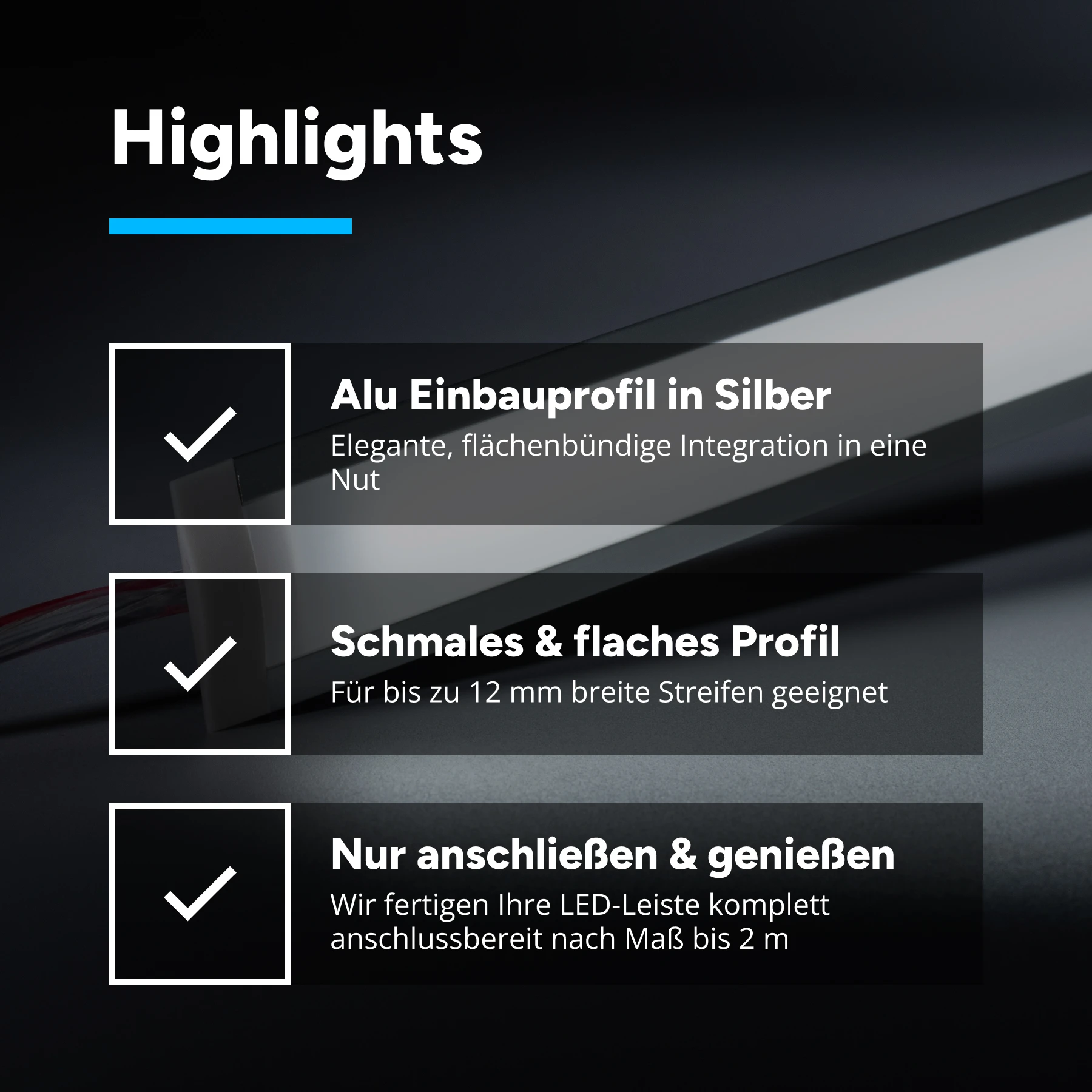 24V Aluminium Einbau COB LED Leiste schmal - weiß - diffuse Abdeckung - 33cm - 144 LED Chips - 4 Watt - 360 Lumen