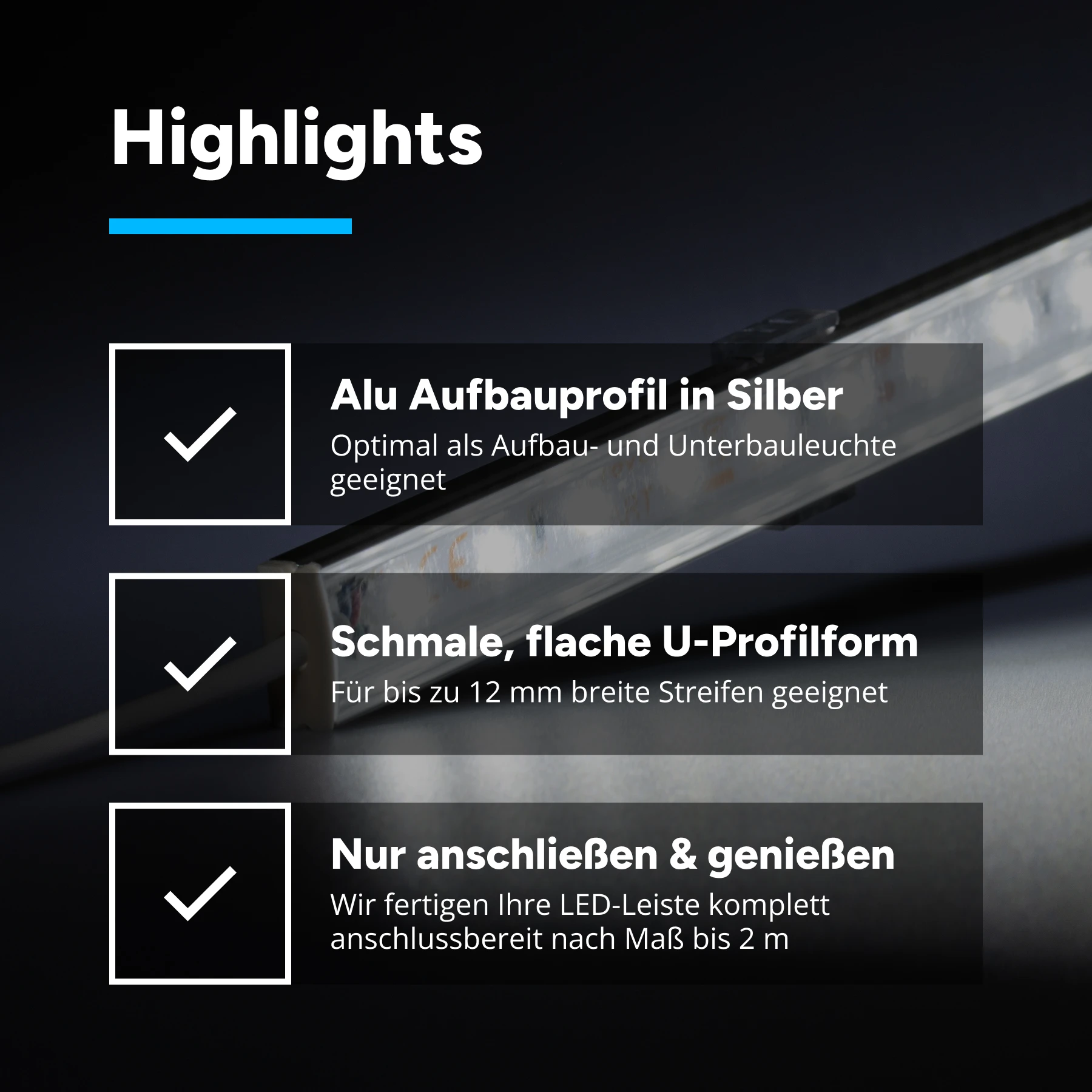 Slim-Line Aluminium LED-Leiste - Abdeckung klar - 24V - weiß 6000K - kein Anschlußkabel zum Netzteil - 28cm mit 35 SMD LEDs - 5 Watt 360 Lumen