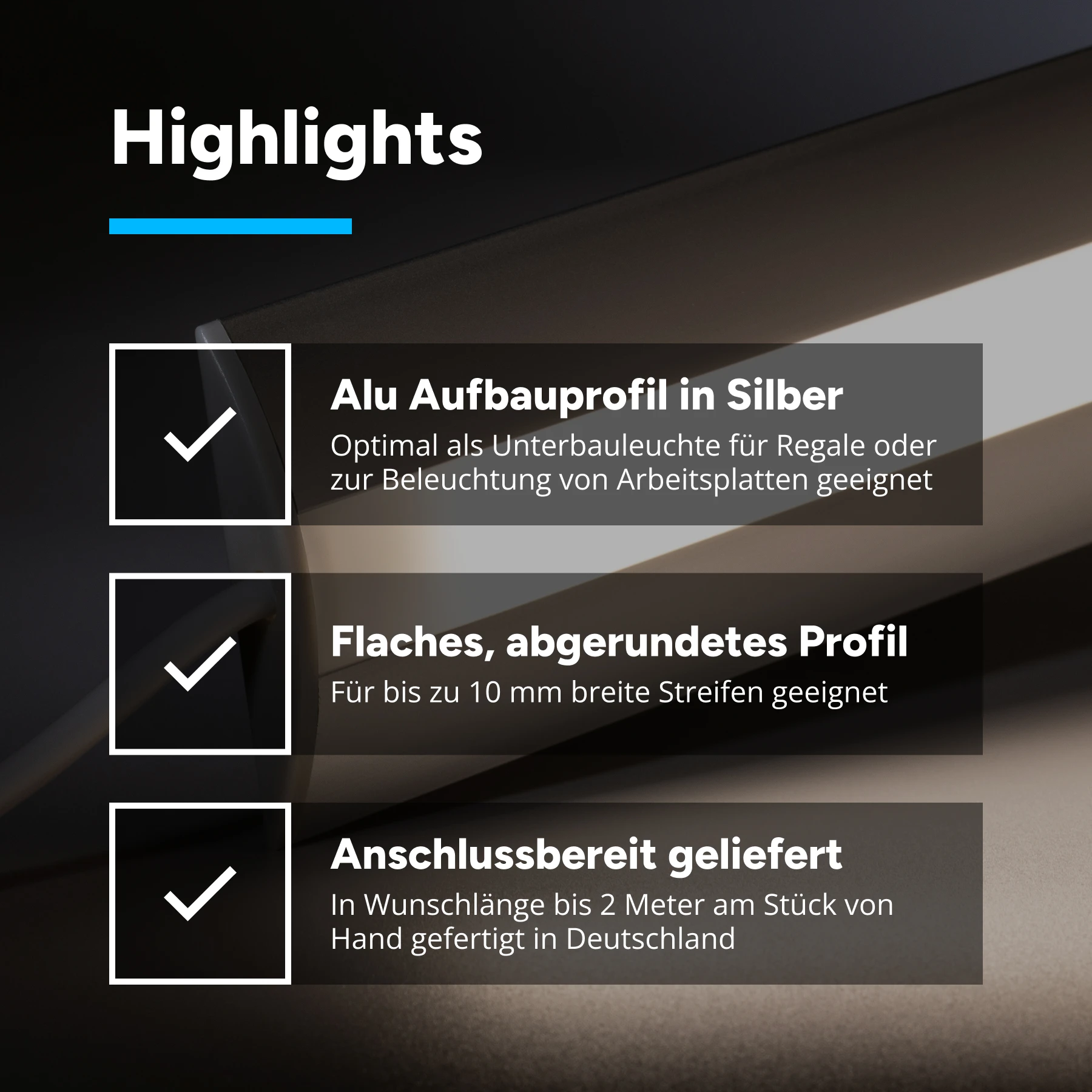 24V Aluminium Unterbau LED Leiste - neutralweiß - diffuse Abdeckung - kein Anschlußkabel zum Netzteil - mit Ausgangskabel ( zum Anschluss einer weiteren LED- Leiste ) - 33cm - 42 LEDs - 6 Watt - 504 Lumen