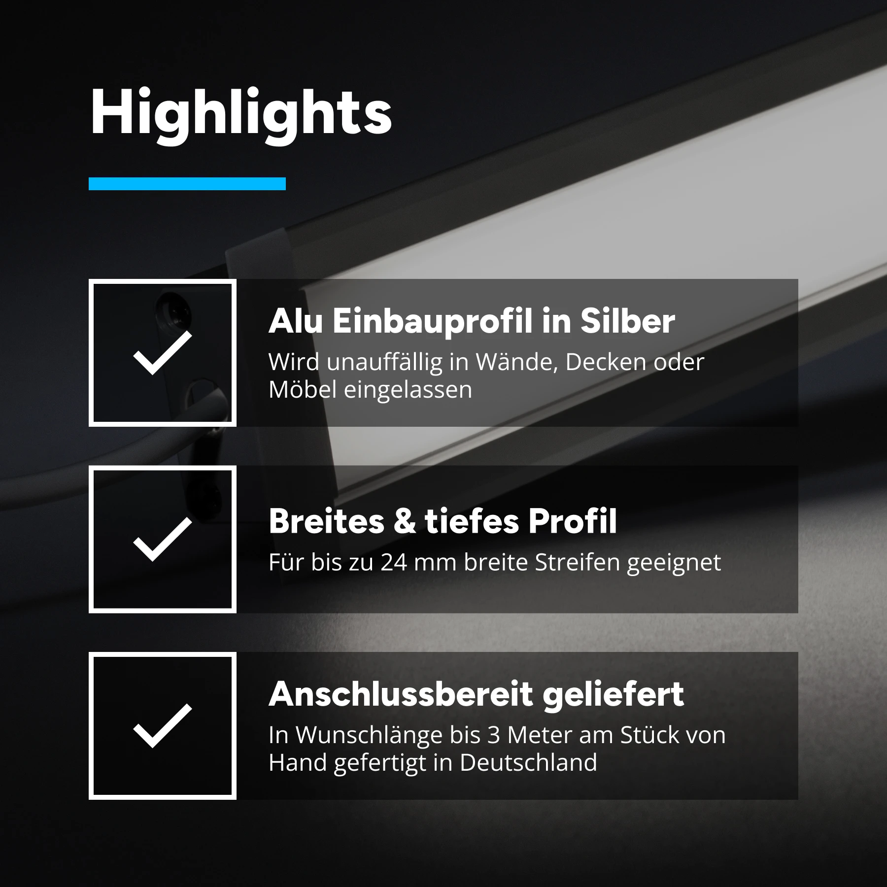 12V  Aluminium Einbau LED Leiste – weiß – diffuse Abdeckung - 33cm mit 18 SMD LEDs - 3,5 Watt - 210 Lumen