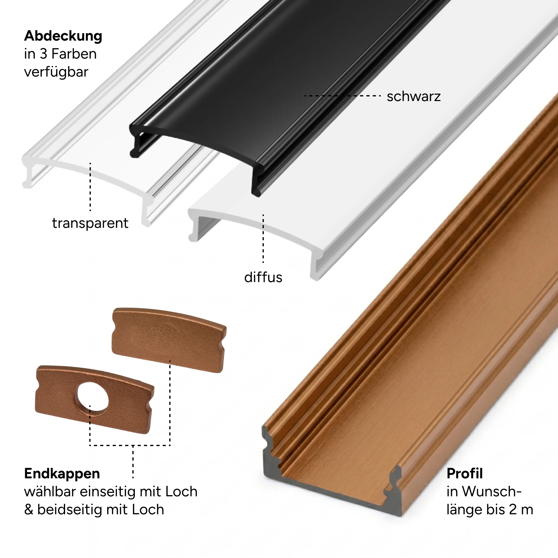 bronzenes Aluminium LED Aufputz Profil, slim, 1,72 x 0,7 x 15cm - ohne Abdeckung - ohne Endkappen