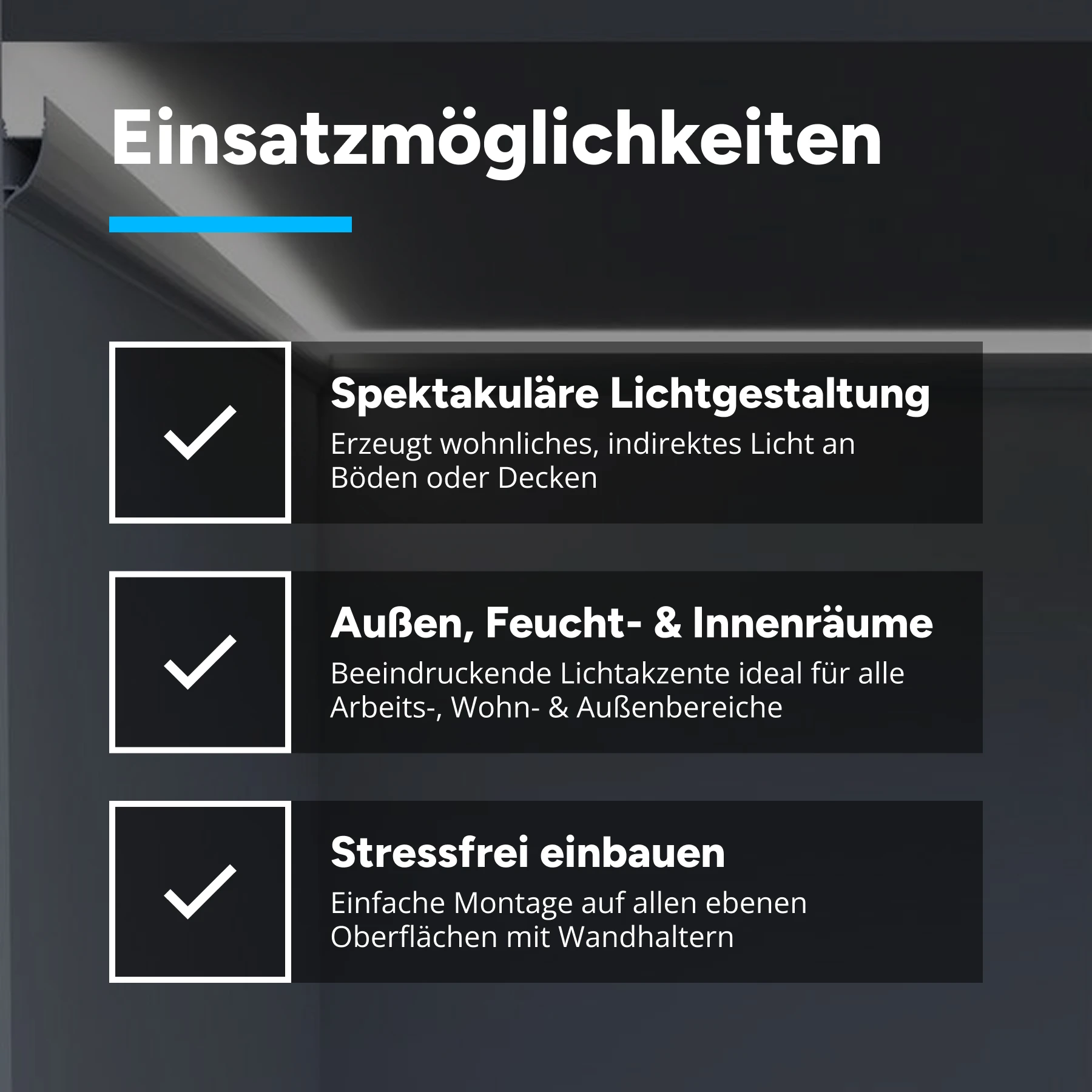 Aluminium LED Wand Profil, indirekt, 4,35 x 1,77 x 15cm - ohne Abdeckung - ohne Endkappen