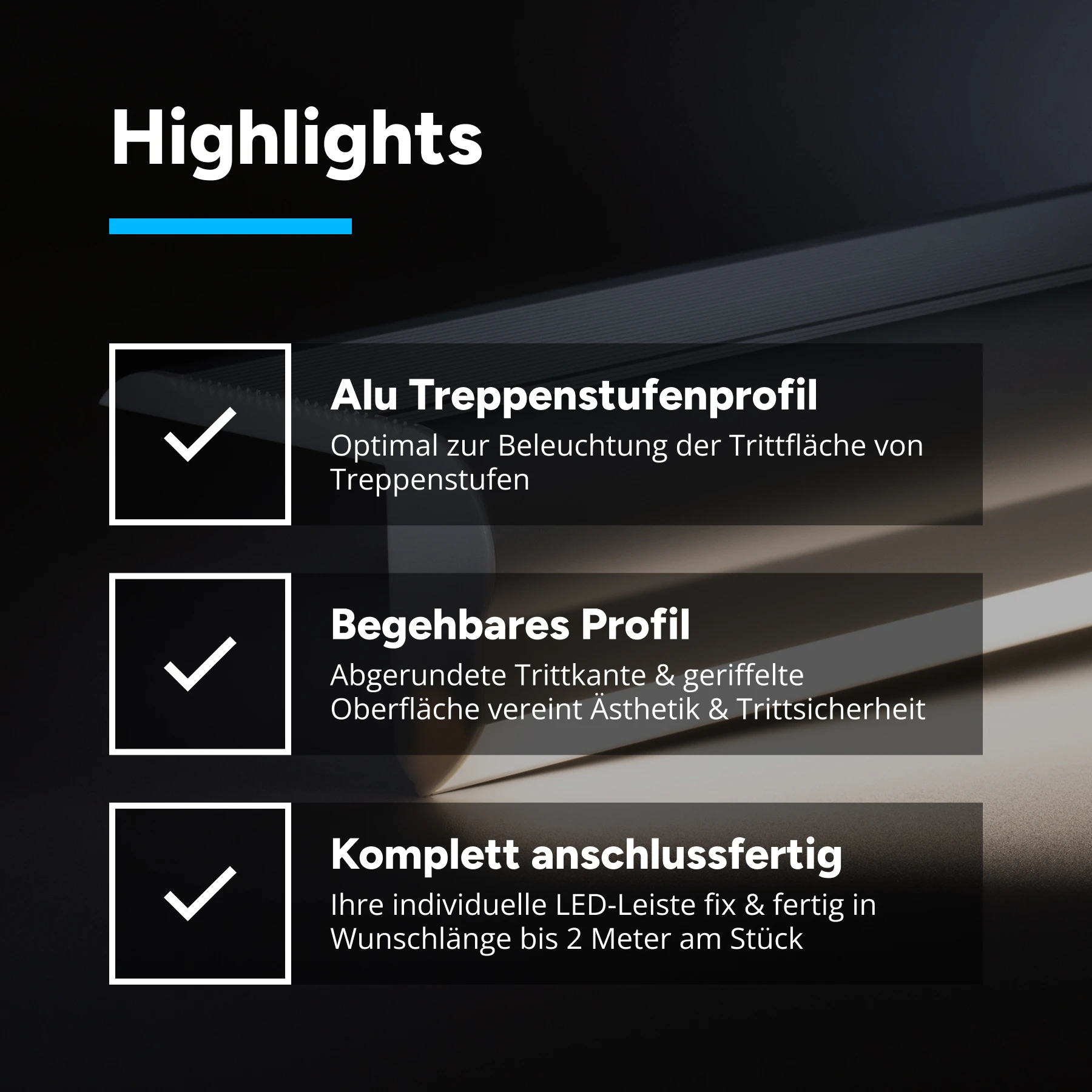 24V Aluminium Treppenstufen LED Leiste - neutralweiß - diffuse Abdeckung - 53cm mit  70 SMD LEDs - 10Watt - 840Lumen