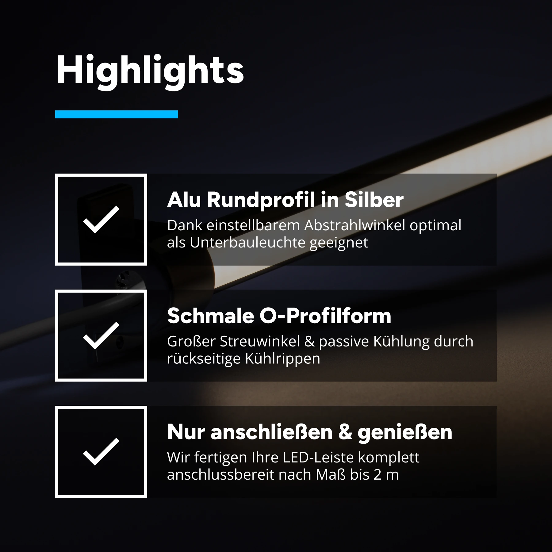24V wasserfeste Aluminium LED Leiste - einstellbare Abstrahlrichtung - neutralweiß - diffus - IP65 - 23cm - 28 LEDs - 4 Watt - 440 Lumen - 100cm Eingangskabel mit offenen Enden - ohne Ausgangskabel (geschlossene Endkappe)
