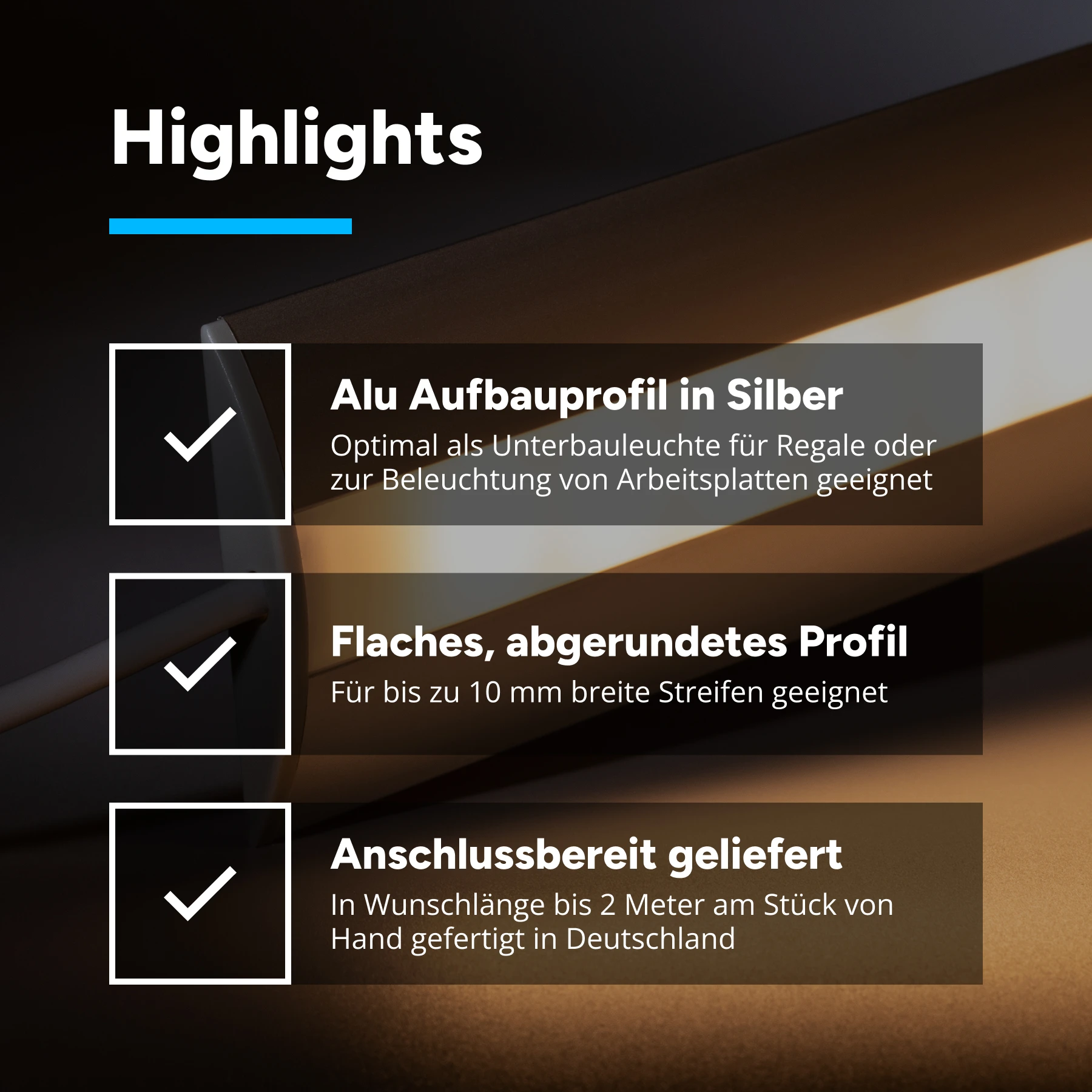 12V Aluminium Unterbau LED Leiste - warmweiß - diffuse Abdeckung - kein Anschlußkabel zum Netzteil - mit Ausgangskabel ( zum Anschluss einer weiteren LED- Leiste ) - 33cm - 18 LEDs - 3,3 Watt - 210 Lumen