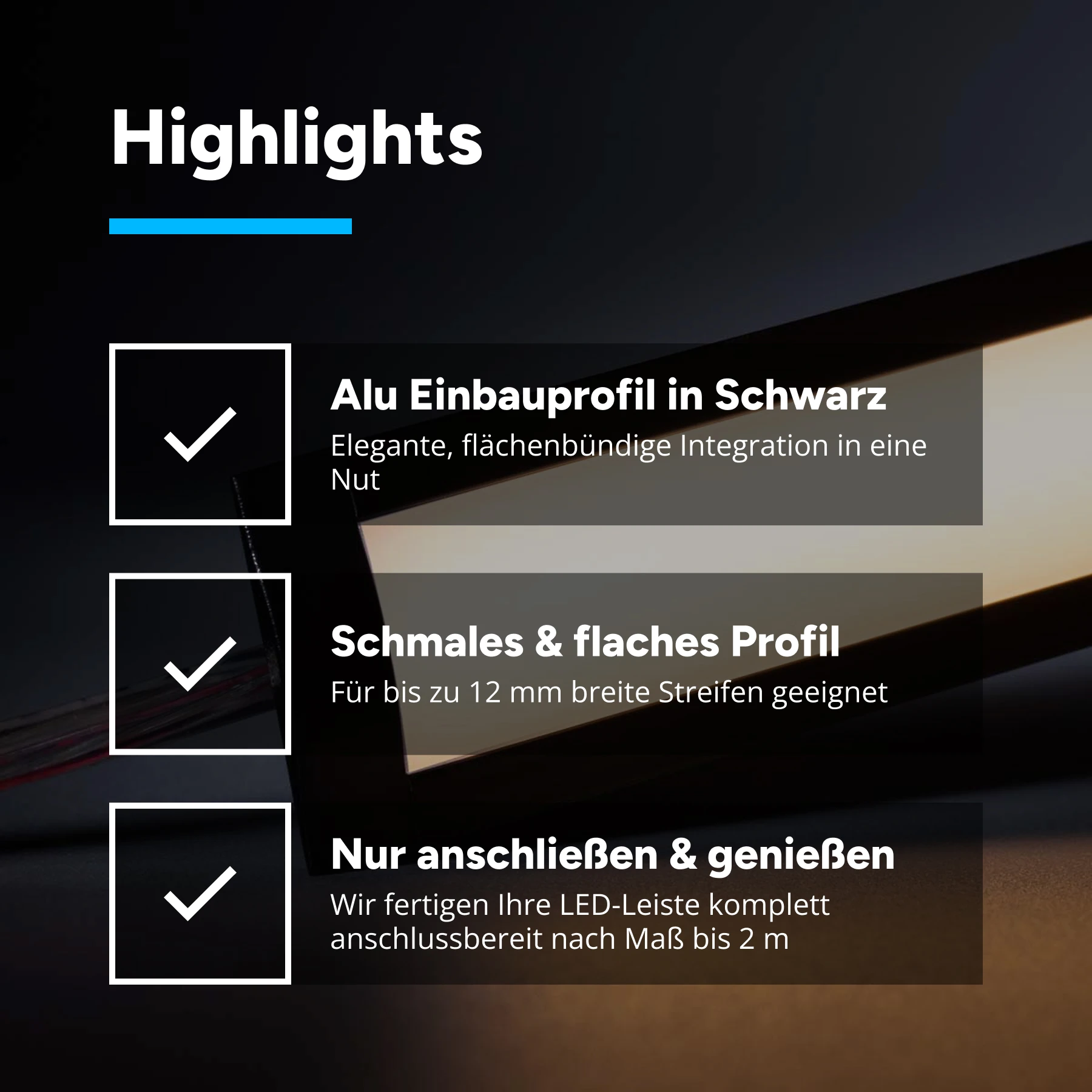 24V Black Line Aluminium Einbau LED Leiste - COB - warmweiß - diffuse Abdeckung - 33cm - 144 LED Chips - 4 Watt - 360 Lumen