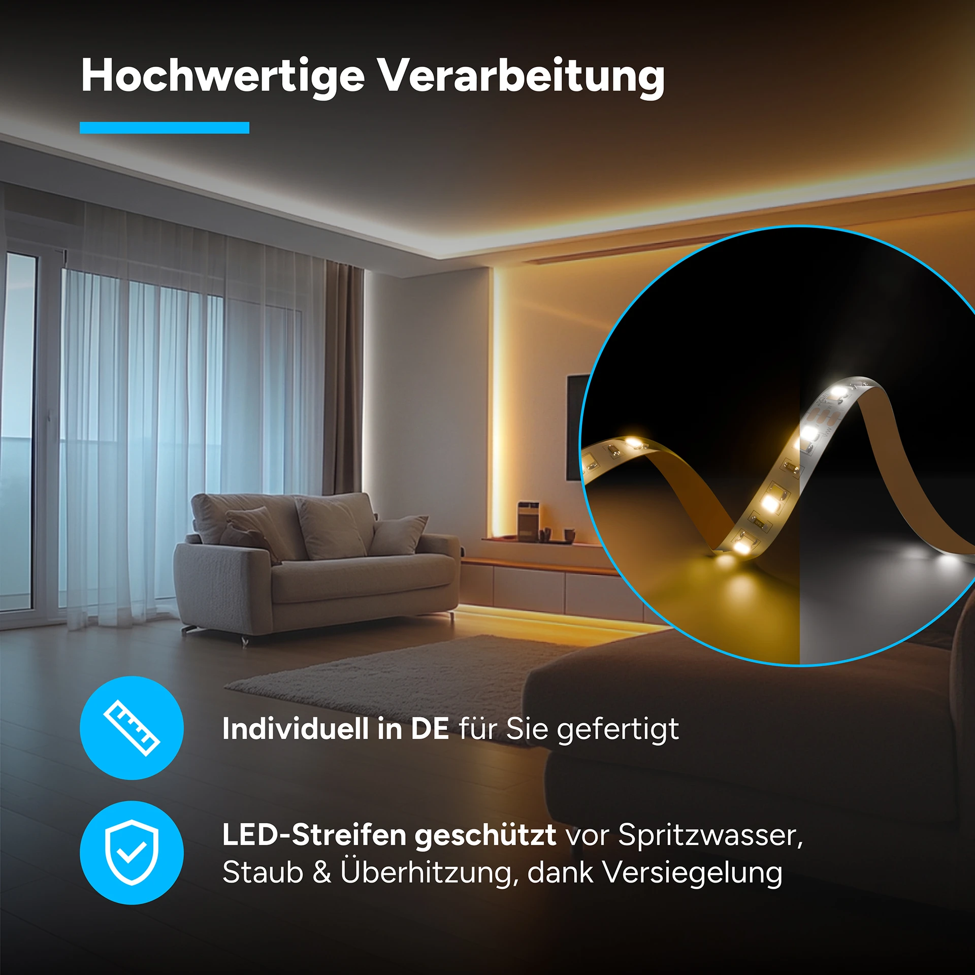 24V LED Streifen Set, 500 cm, Lichtfarbe weiß einstellbar, mit Netzteil und schwarzer Fernbedienung