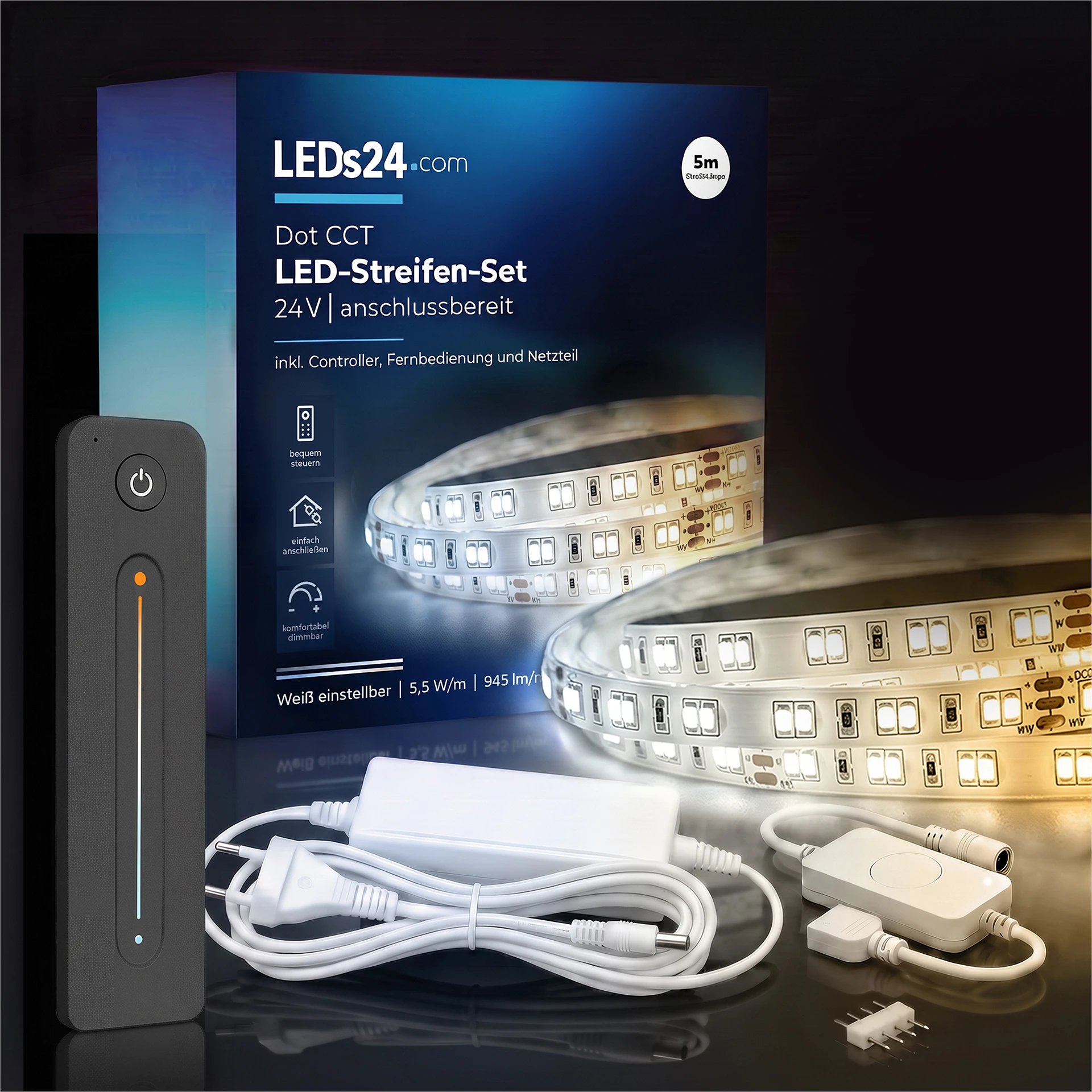 24V LED Streifen Set, 500 cm, Lichtfarbe weiß einstellbar, mit Netzteil und schwarzer Fernbedienung
