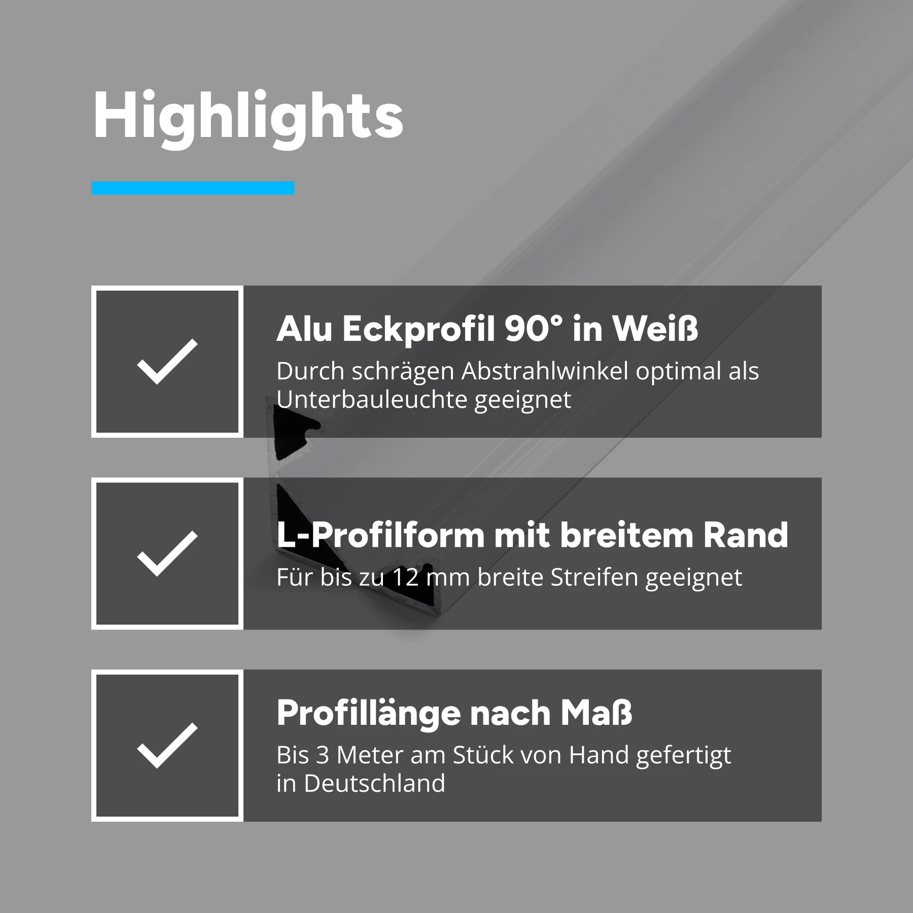 weißes Aluminium LED Eck Profil, 90°, 1,85 x 1,85 x 15cm - ohne Abdeckung - ohne Endkappen