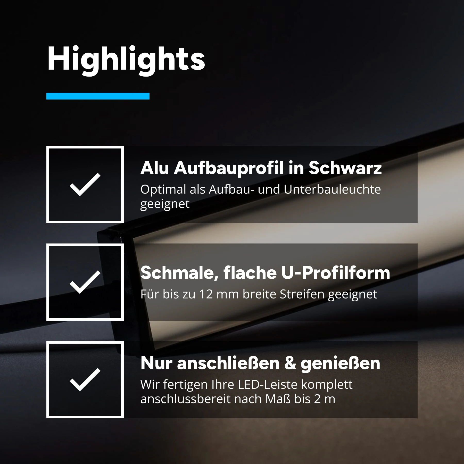 24V Black Line Slim Aluminium LED Leiste - COB - neutralweiß - schwarze Abdeckung - 33cm - 144 LED Chips - 4 Watt - 360 Lumen - mit Ausgangskabel (zum Anschluss einer weiteren LED Leiste) - kein Anschlußkabel zum Netzteil