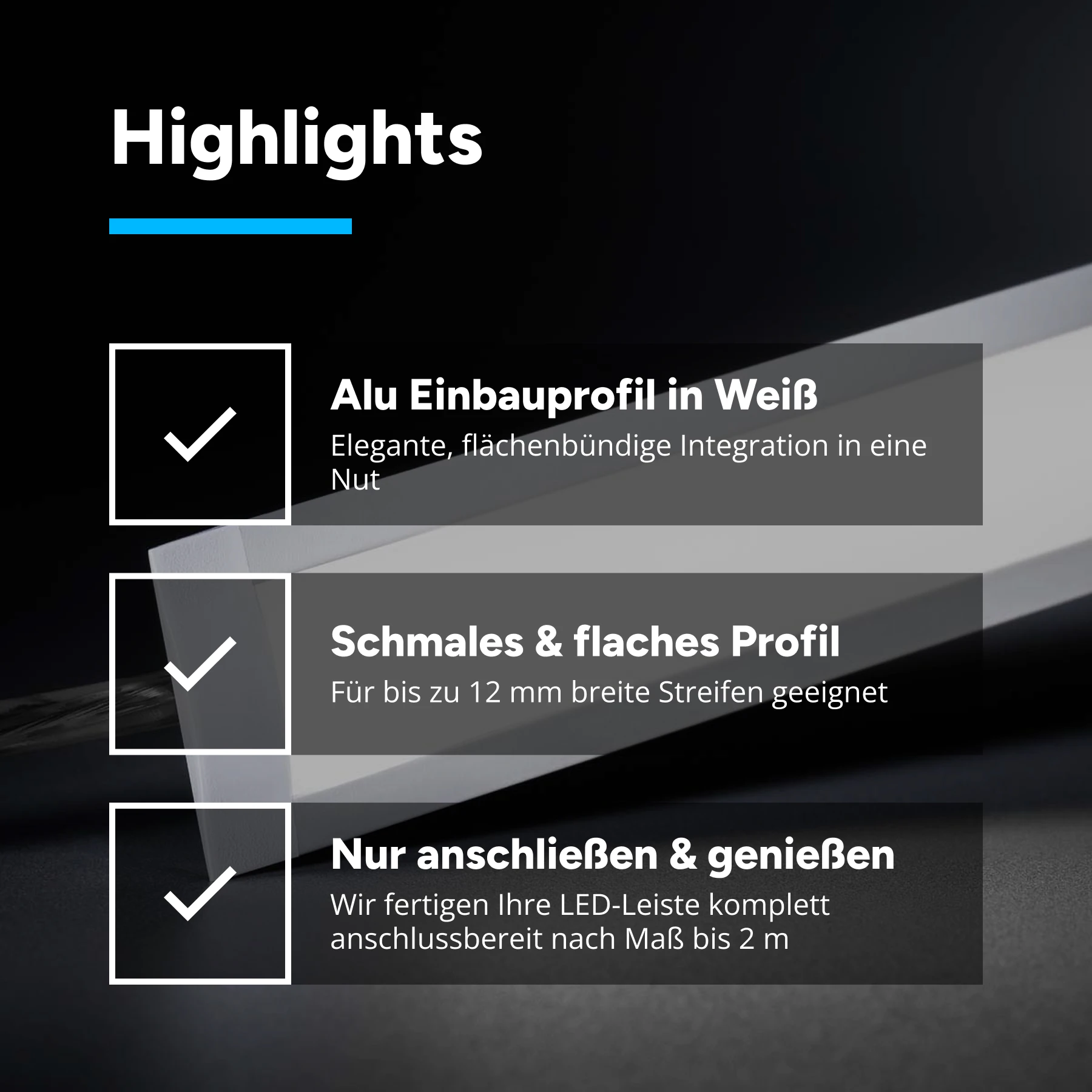 24V White Line Aluminium Einbau LED Leiste - COB - weiß - diffuse Abdeckung - 33cm - 144 LED Chips - 4 Watt - 360 Lumen