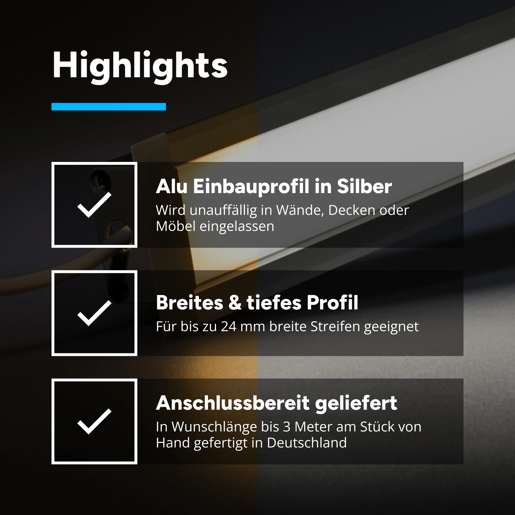 24V Aluminium Einbau LED Leiste - COB - Farbtemperatur einstellbar - diffuse Abdeckung - bis 3m Länge - 33cm - 182 LED Chips - 7 Watt - 660 Lumen