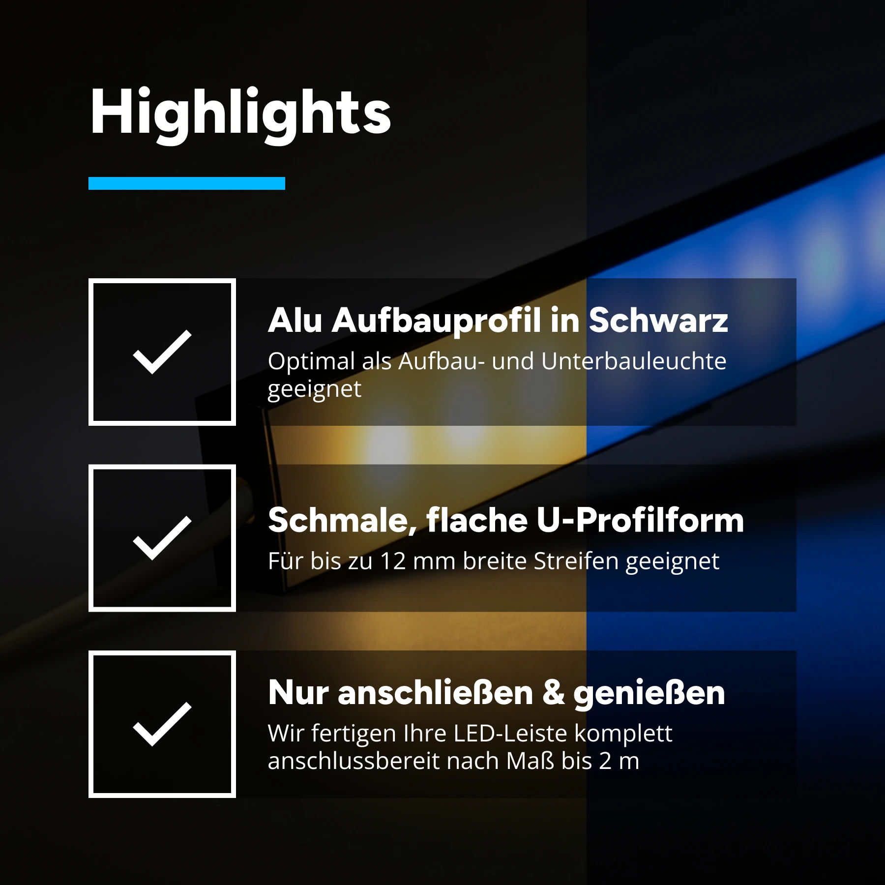 24V Black Line Slim LED Leiste - RGBWW (RGB + Warmweiß) - schwarze Abdeckung - 33cm mit 18 LEDs - 4 Watt - 360 Lumen - ohne Ausgangskabel (geschlossene Endkappe)
