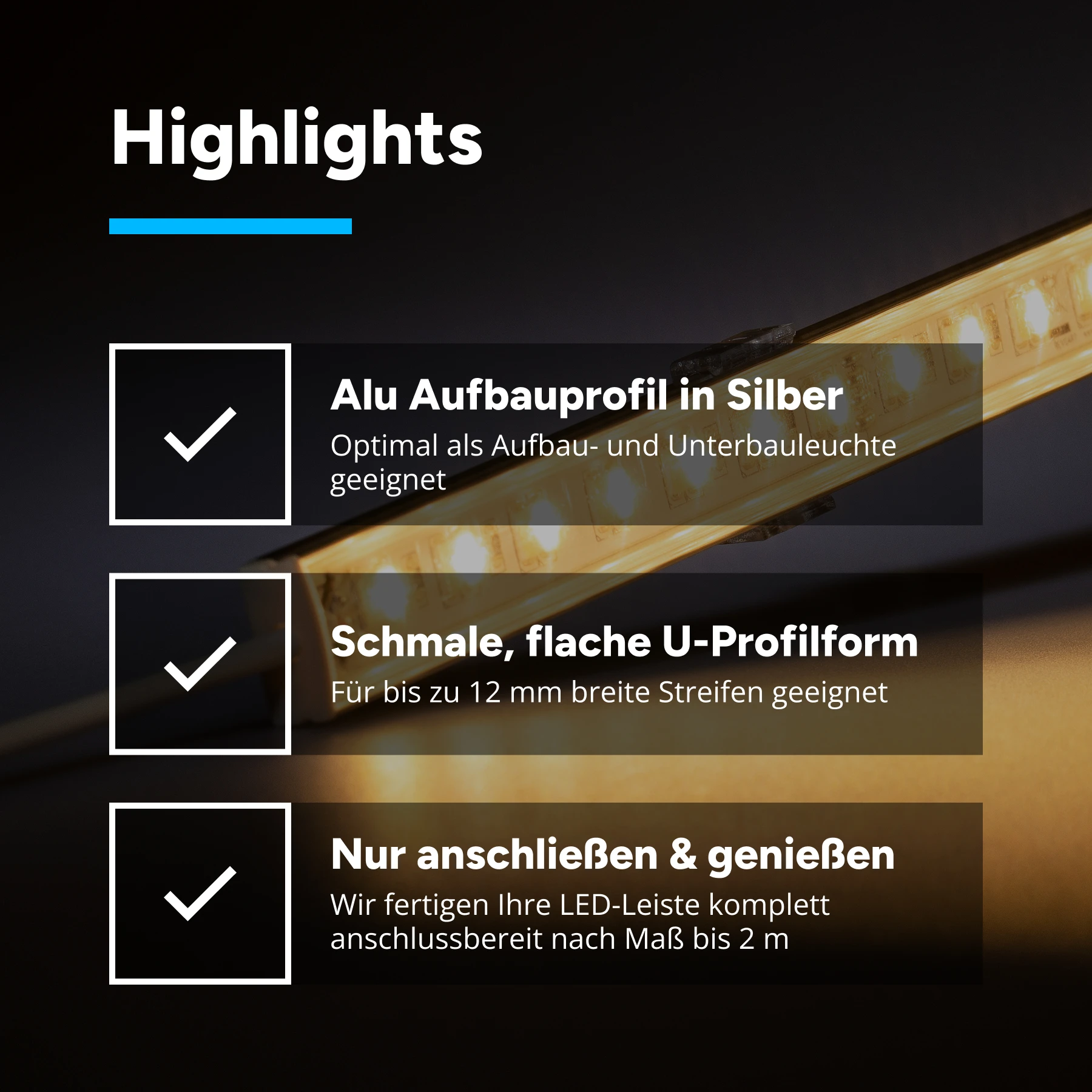 Slim-Line Aluminium LED-Leiste - Abdeckung klar - 24V - warmweiß 2700K - kein Anschlußkabel zum Netzteil - 28cm mit 35 SMD LEDs - 5 Watt  362 Lumen