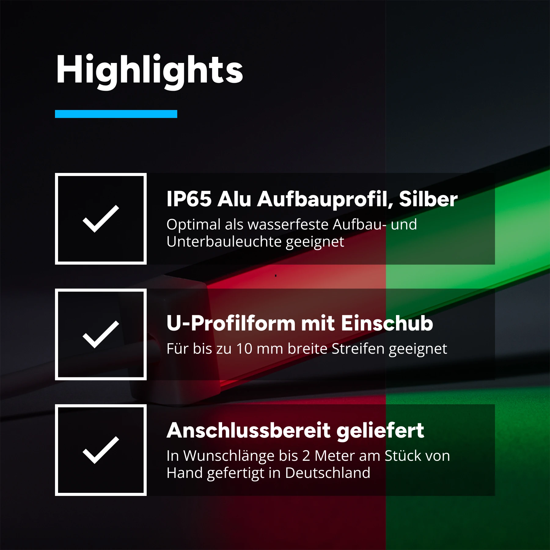 24V  wasserfeste Aluminium LED Leiste - COB - RGB - diffuse Abdeckung - 173cm - 1428 LED Chips - 25,5 Watt - 1176 Lumen - 200cm Eingangskabel mit offenen Enden - 500cm Ausgangskabel mit offenen Enden