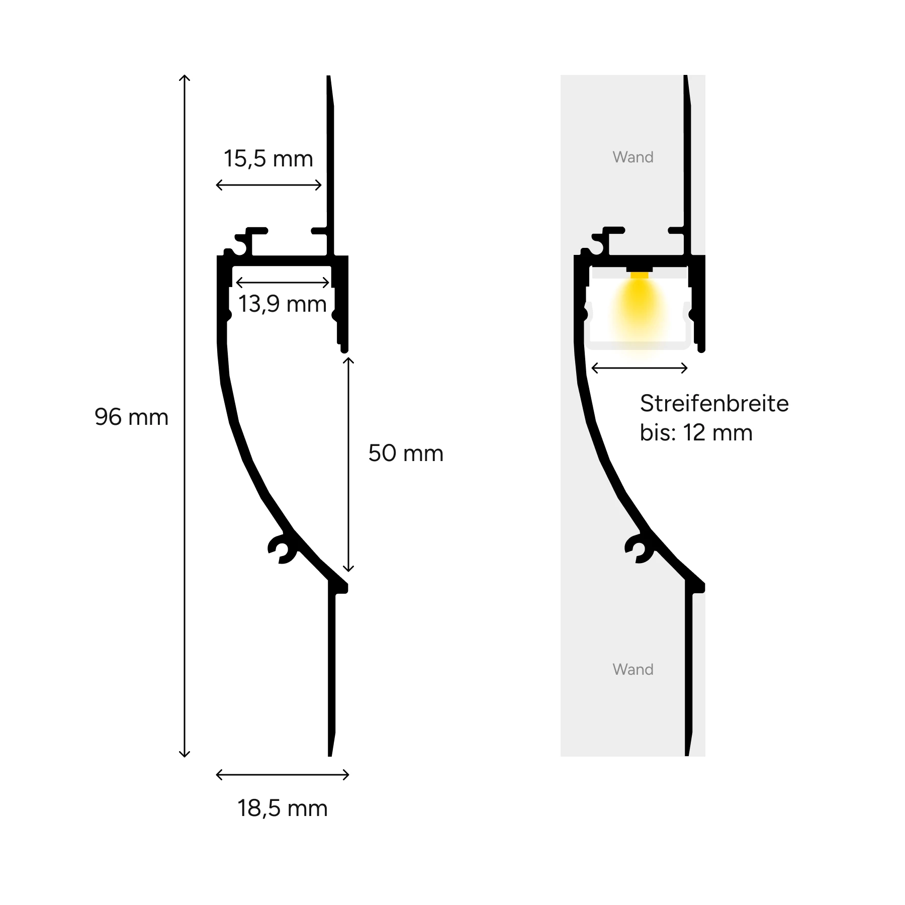 5m Aluminium Trockenbau Wand Profil mit 24V COB LED Streifen, Drywall Elegance Weiß variabel - 2700K - 6000K ohne Netzteil und ohne Fernbedienung