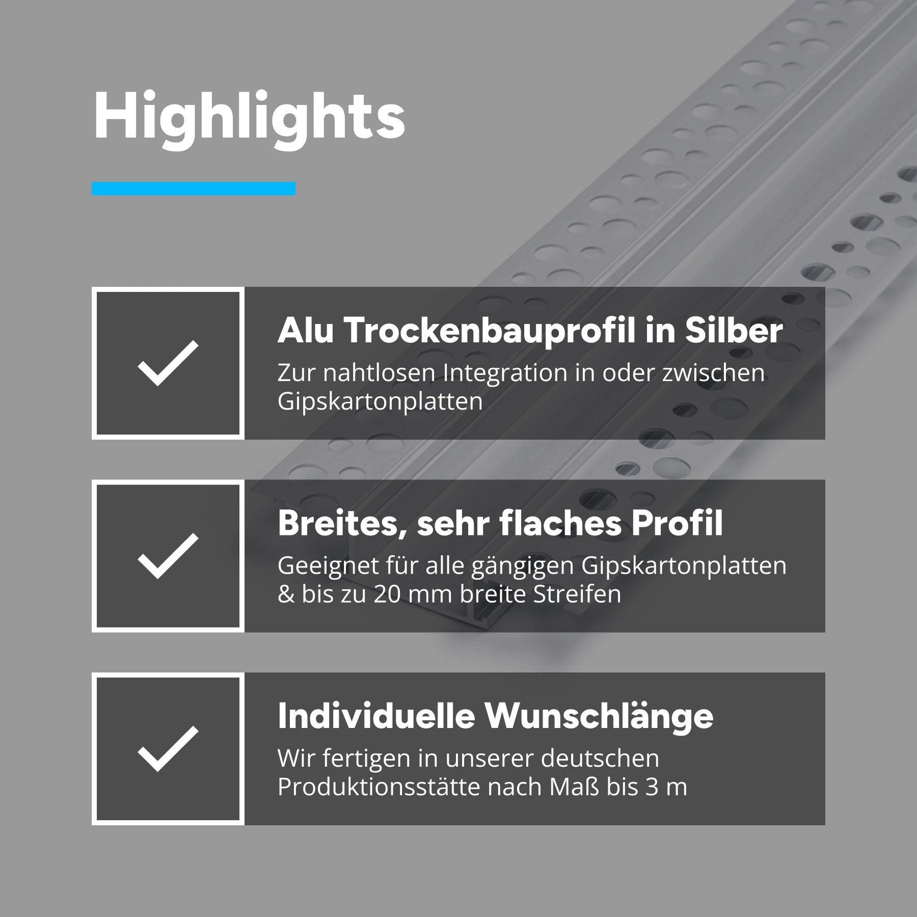 Aluminium LED Unterputz Profil, Trockenbau ideal, 2,39 x 1,38 x 249cm - diffuse Abdeckung in Profillänge - 2er Set - beidseitig mit Loch