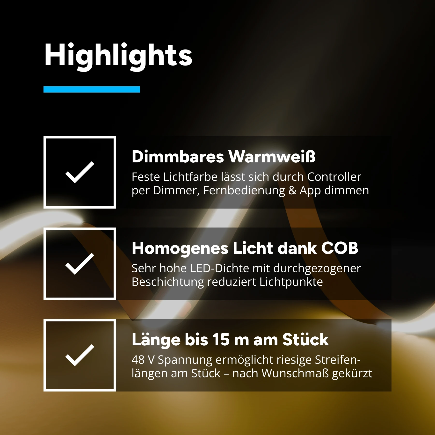 48V LED Streifen - warmweiß - alle 3,3cm teilbar - 10mm breit - 1106,7cm - 4648 LED Chips - 110,7 Watt - 8743 Lumen - mit 2 Steckerbuchsen - kein Löten - 100cm Anschlußkabel zum Netzteil