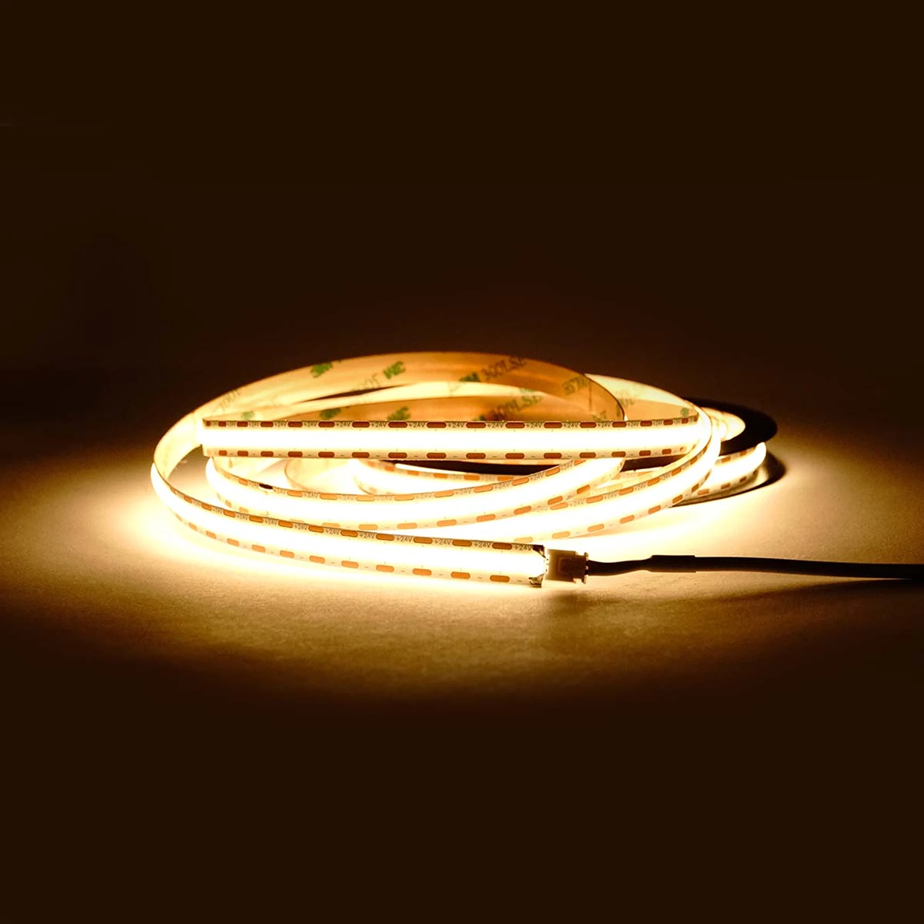 24V COB LED Streifen - warmweiß  - alle 1cm teilbar - 10mm breit - 170cm - 1020 LED Chips - 30,6 Watt - 2414 Lumen - mit 2 Steckerbuchsen - kein Löten - 100cm Anschlußkabel zum Netzteil