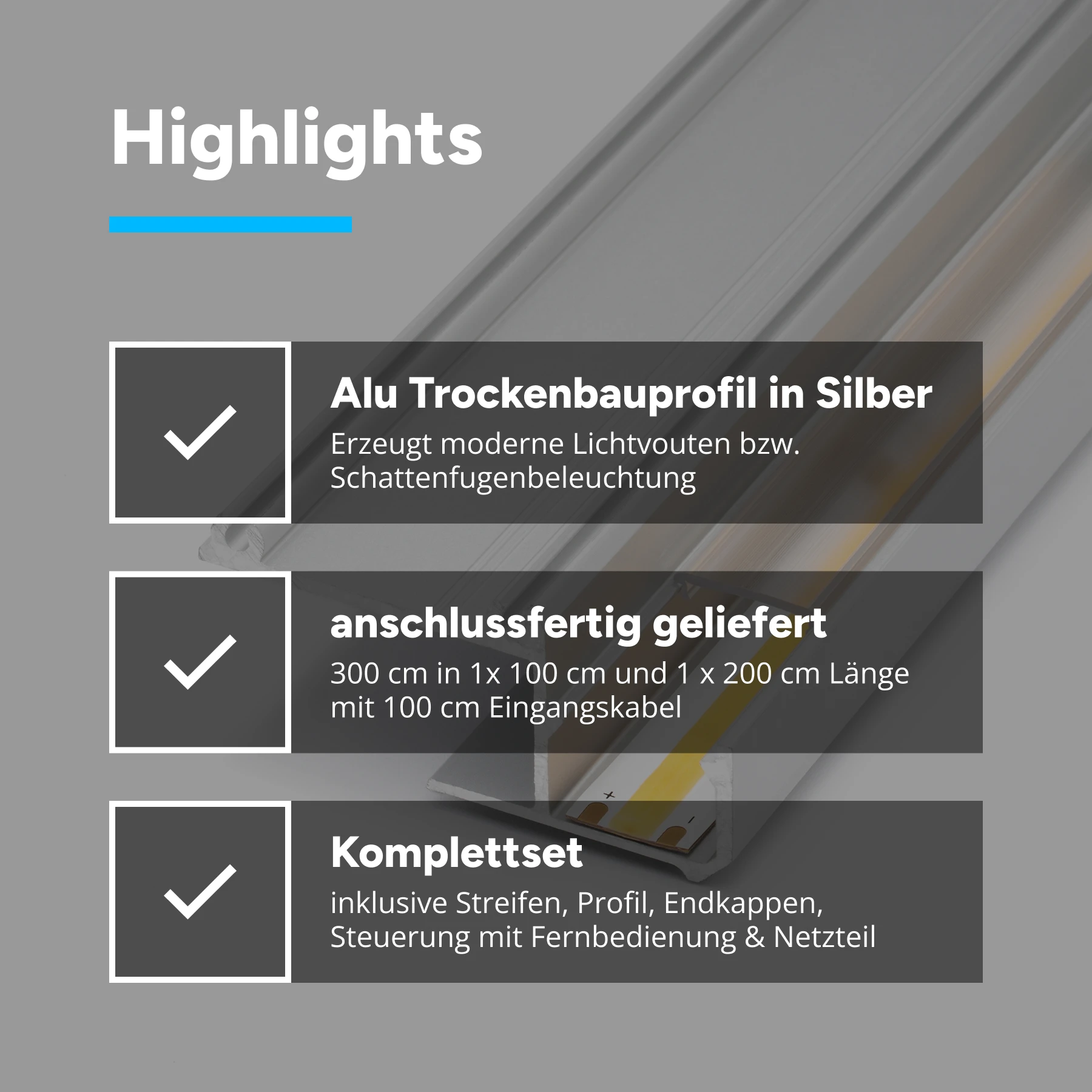 3m Aluminium Trockenbau Abschluss Profil mit 24V COB LED Streifen, Drywall End Weiß variabel - 2700K - 6000K ohne Netzteil und ohne Fernbedienung