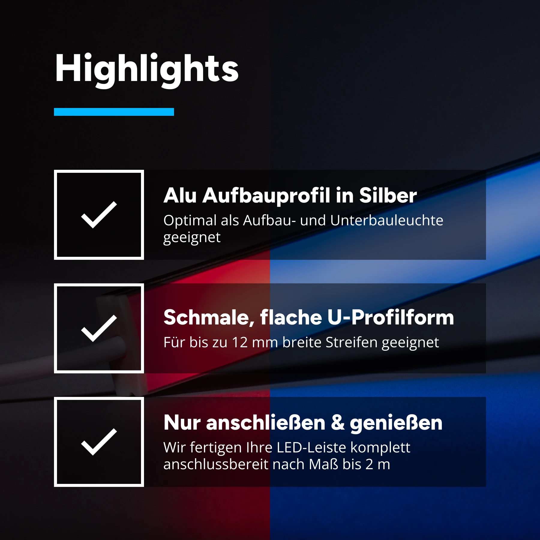 24V Slim-Line Aluminium LED Leiste - COB - RGB + Warmweiß + Weiß - diffuse  Abdeckung - 34,25cm - 175 LEDs - 5 Watt - mit Ausgangskabel ( zum Anschluss einer weiteren LED- Leiste)