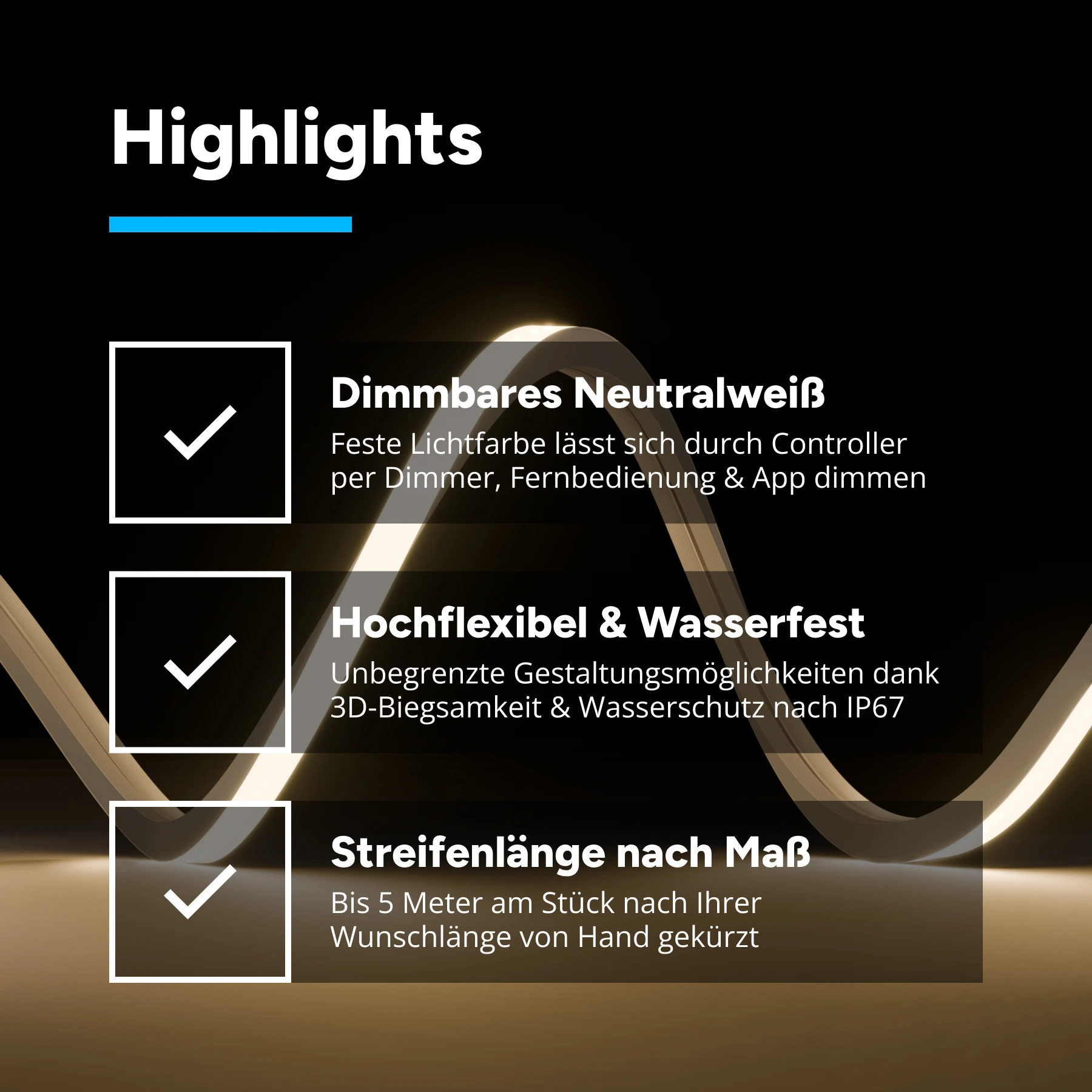 24V LED Lichtschlauch - 3D-Flex - neutralweiß - diffus - Neon-Effekt - IP67 - 10x10mm - 410cm - 927 LEDs - 32,8 Watt - 1968 Lumen - 300cm Eingangskabel mit offenen Enden
