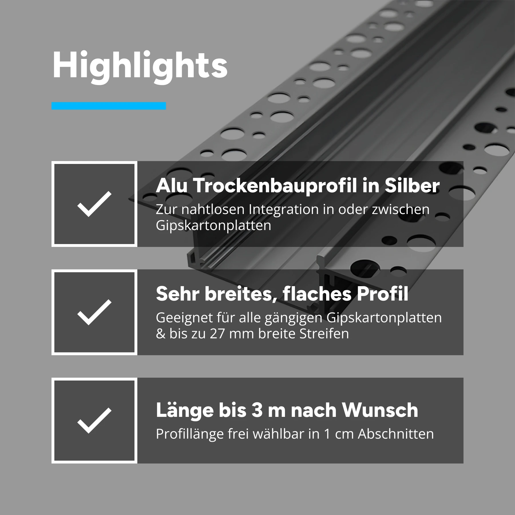 Aluminium LED Unterputz Profil, Trockenbau Plus, 3,88 x 1,49 x 15cm - ohne Abdeckung - ohne Endkappen