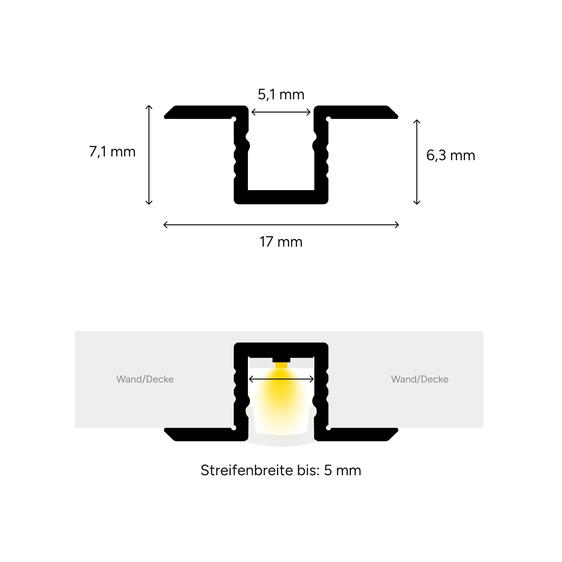 schwarzes Aluminium LED Einbauprofil, P6-4, 1,7 x 0,63 x 15cm - ohne Abdeckung - ohne Endkappen