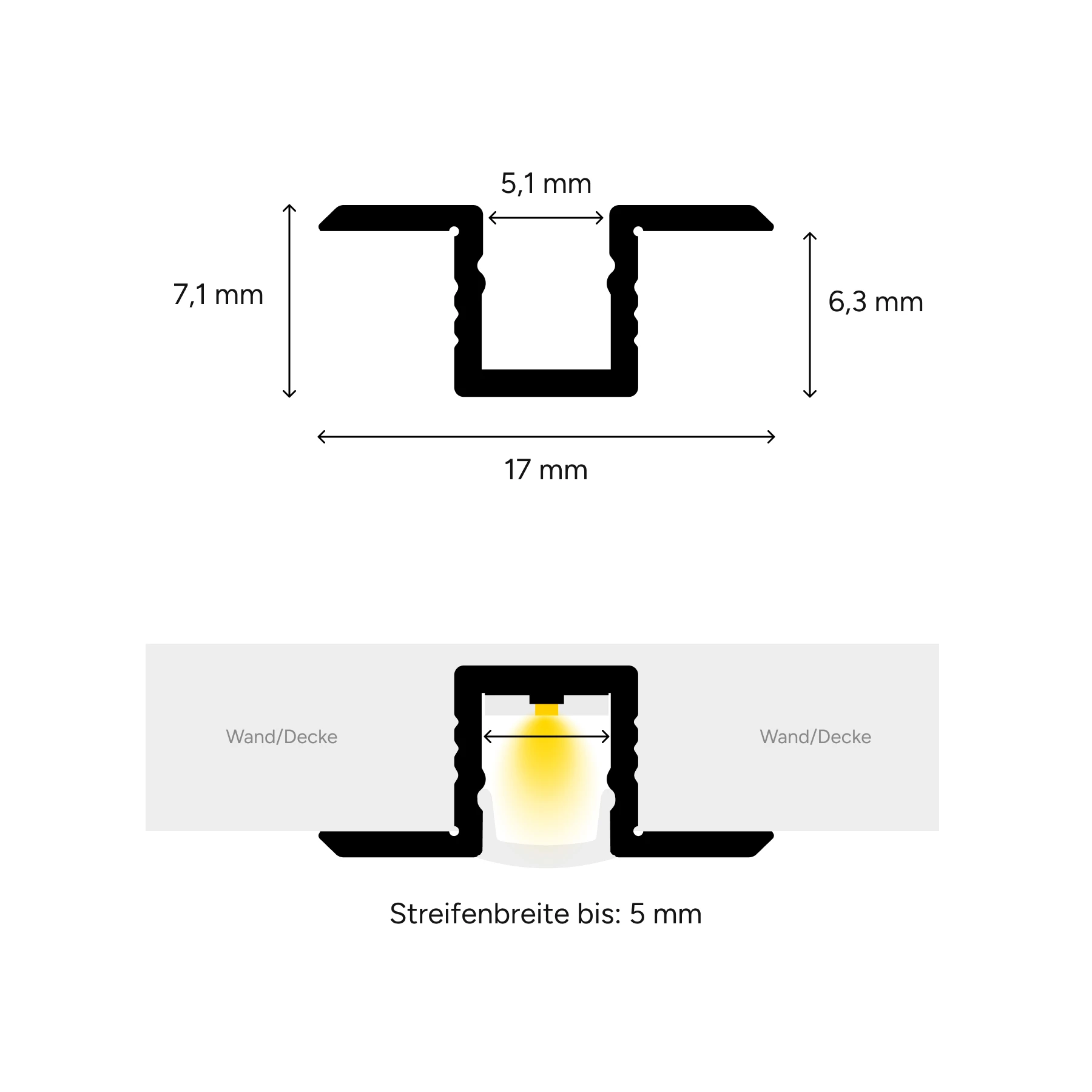 Aluminium LED Einbauprofil, P6-4, 1,7 x 0,63 x 15cm - ohne Abdeckung - ohne Endkappen