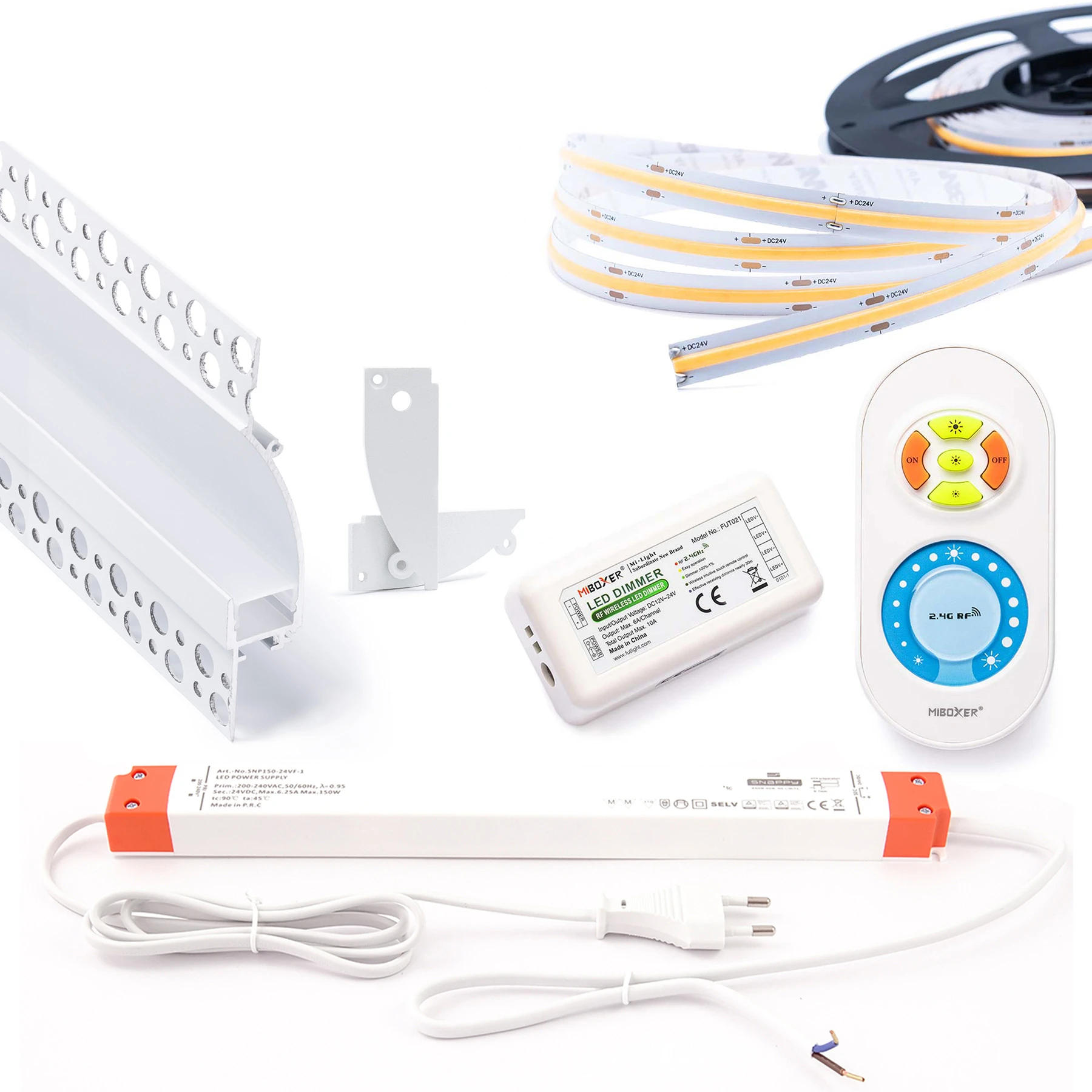 5m Komplett-Set Aluminium Trockenbau Wand Profil mit 24V COB LED Streifen, Drywall Elegance