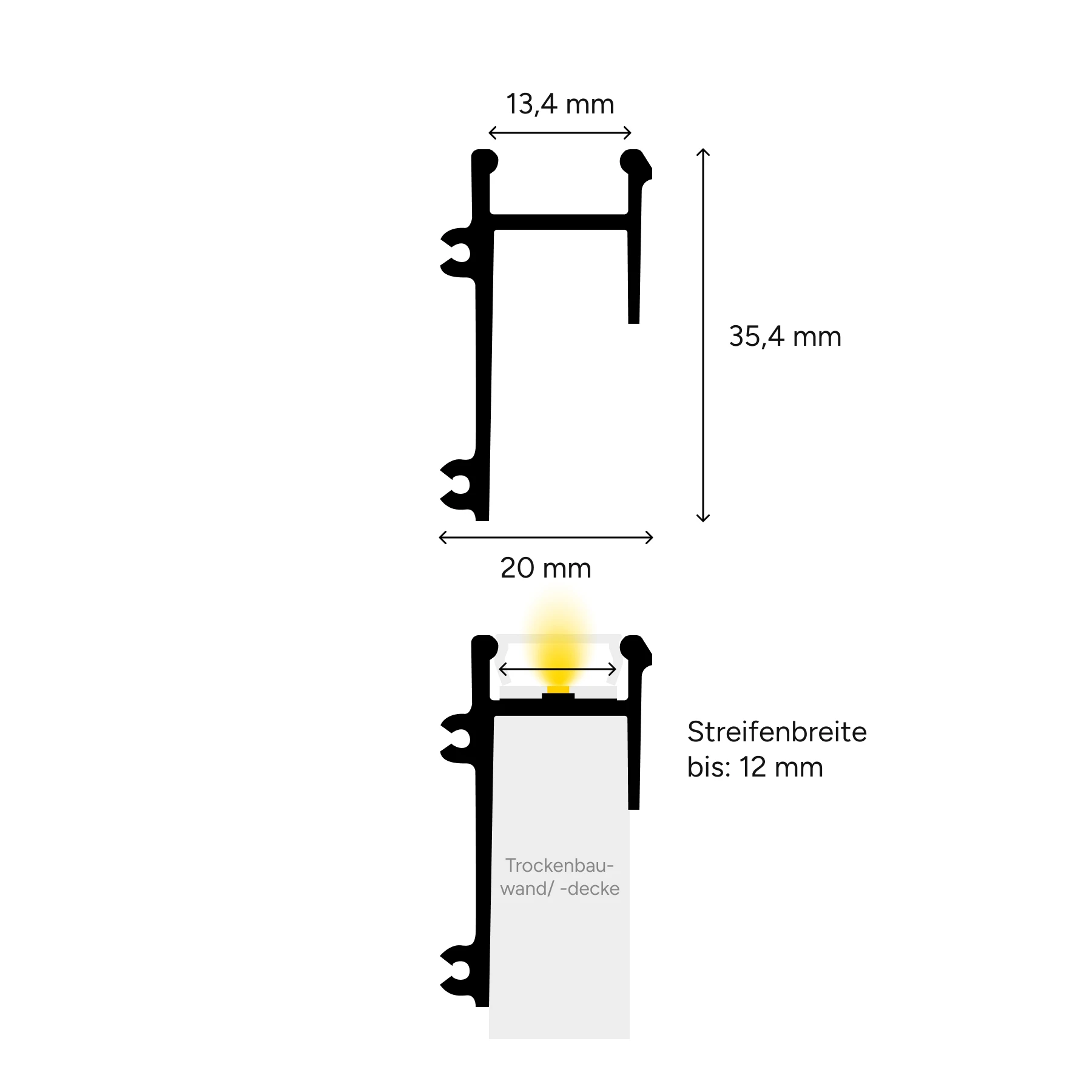 Aluminium LED Trockenbau Abschlussprofil, GK 47-2, 2,0 x 3,54 x 50cm - ohne Abdeckung - 2er Set - beidseitig ohne Loch