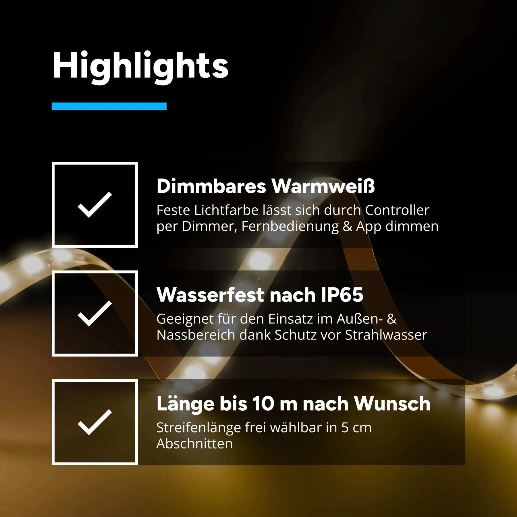 24V wasserfester LED Streifen - warmweiß - IP65 - 140 LEDs je Meter - alle 5cm teilbar - 25cm - 35 LED Chips - 5 Watt - 550 Lumen - 100cm Eingangskabel mit offenen Enden
