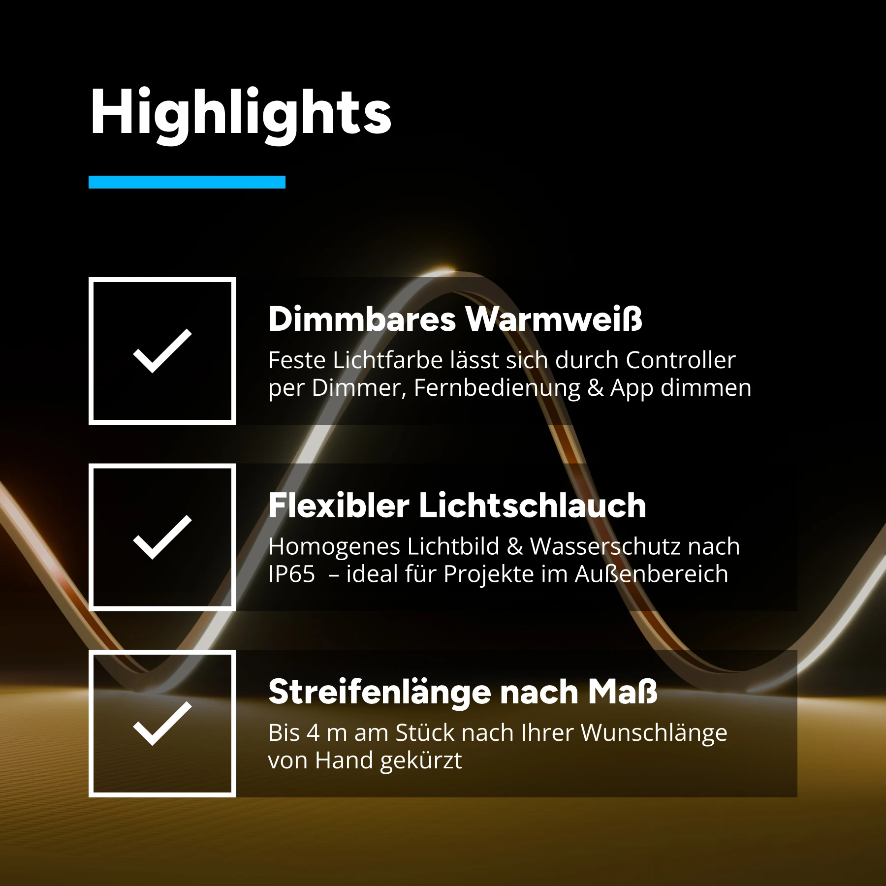 12V wasserfester LED Lichtschlauch - schmal - warmweiß - diffus - Neoneffekt - IP65 6x6mm - 237,5cm - 570 LEDs - 14,3 Watt - 998 Lumen