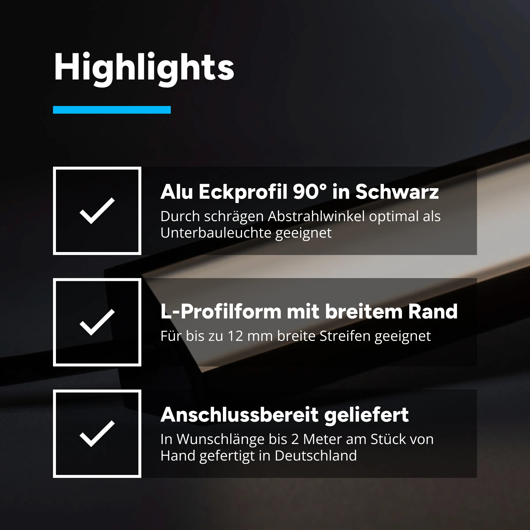 24V Black Line LED Eckleiste - COB - neutralweiß - schwarze Abdeckung - 33cm - 144 LED Chips - 4 Watt - 360 Lumen -kein Anschlußkabel zum Netzteil - mit Ausgangskabel ( zum Anschluss einer weiteren LED- Leiste )