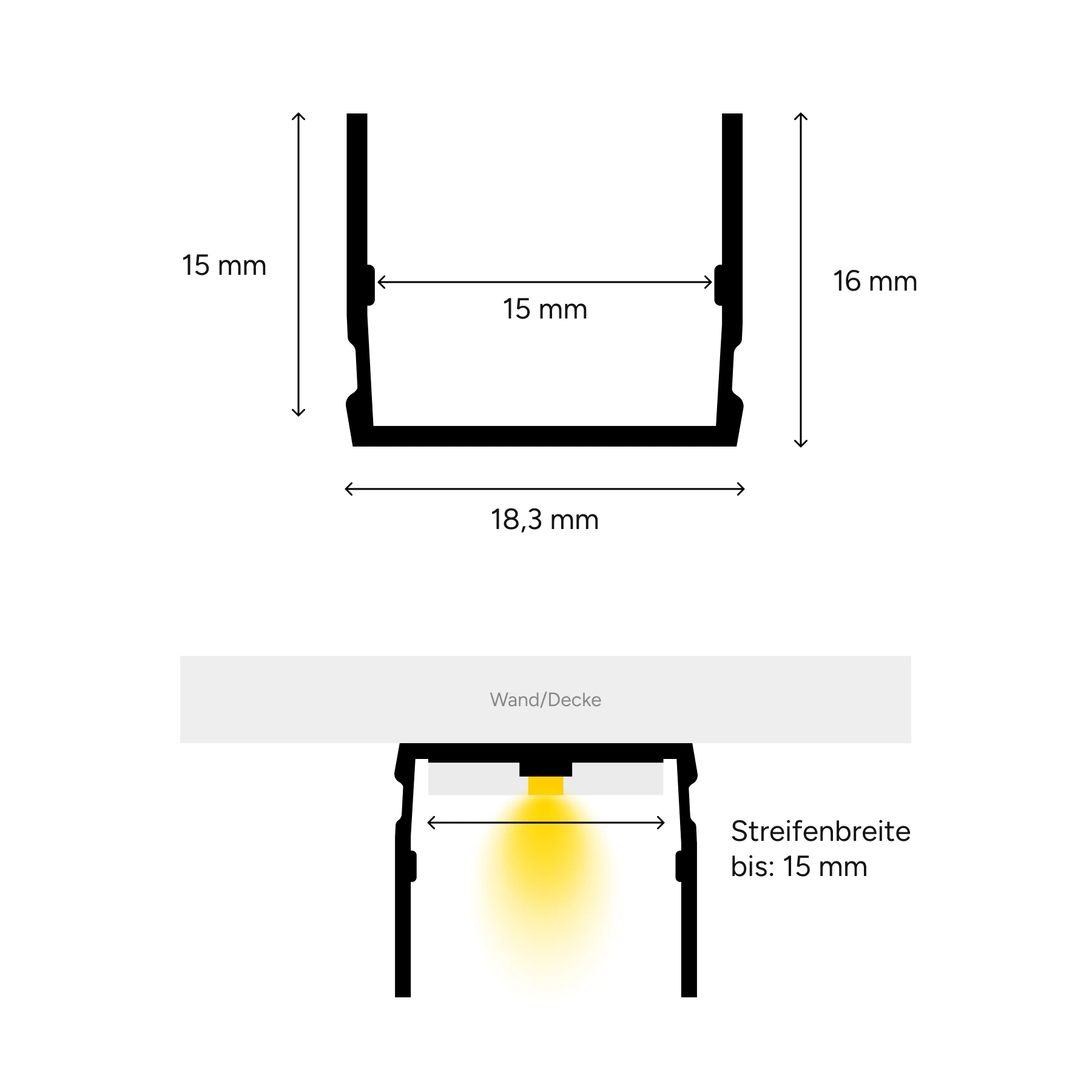 Aluminium LED Profil für 15 x 15mm Neon Streifen, 1,9 x 1,6 x 46cm