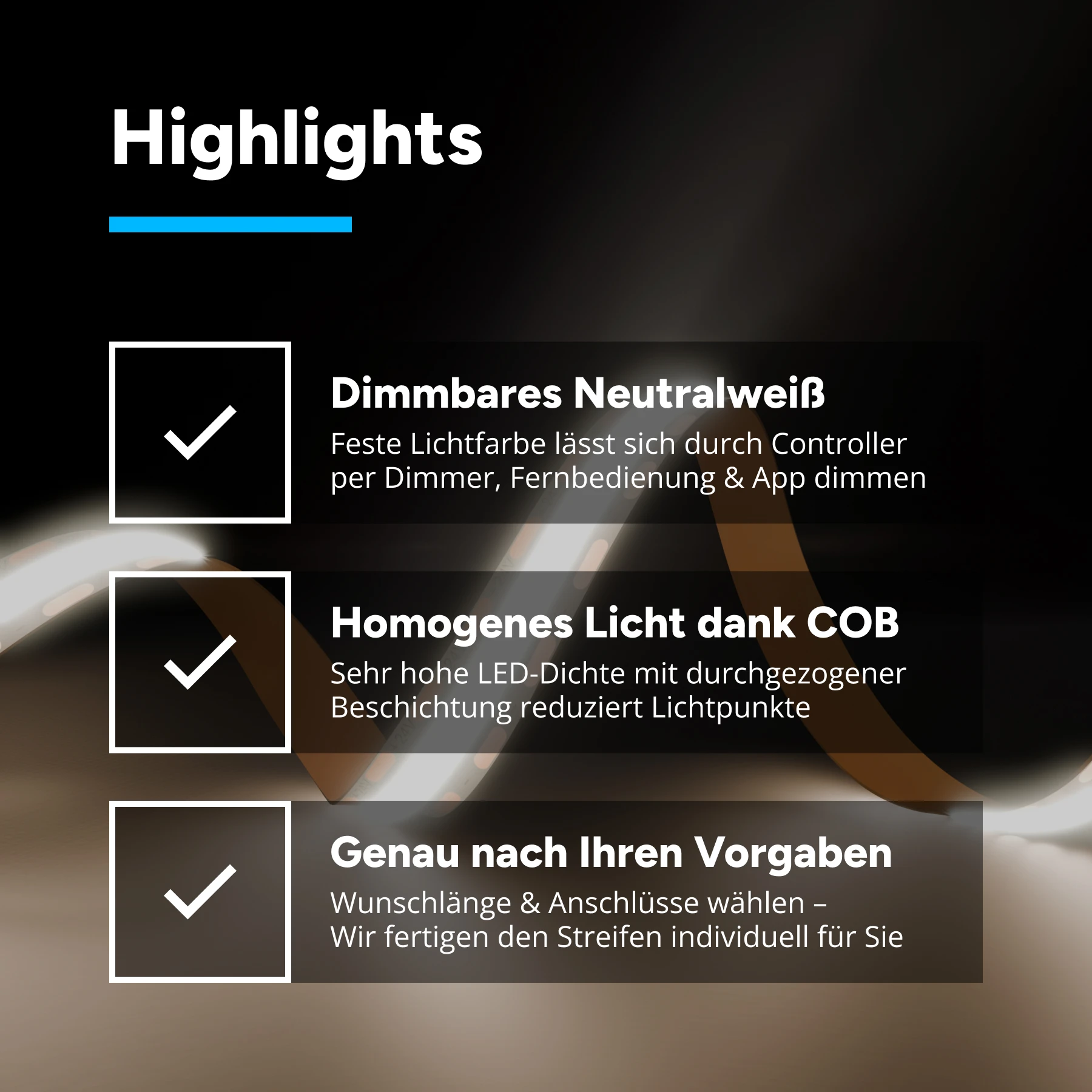 24V COB LED Streifen - neutralweiß  - alle 1cm teilbar - 10mm breit - 429cm - 2574 LED Chips - 77,2 Watt - 6306 Lumen - mit 2 Steckerbuchsen - kein Löten - 100cm Anschlußkabel zum Netzteil