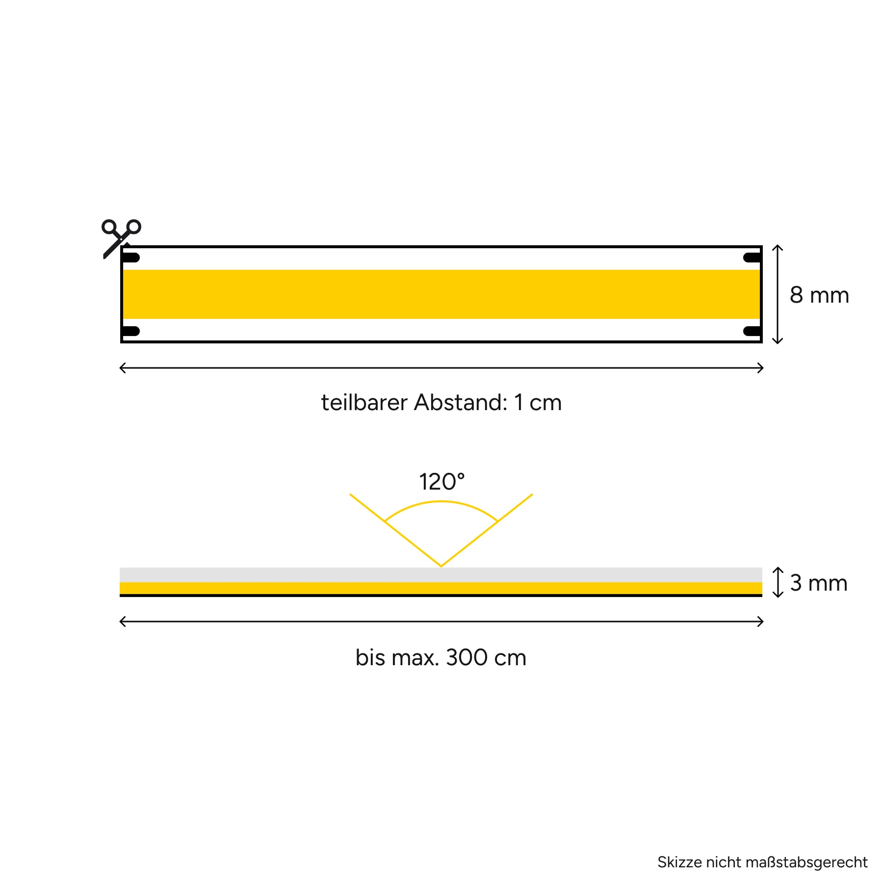 12V COB LED Streifen - warmweiß - alle 1cm teilbar - 8mm breit - 135cm - 540 LED Chips - 12,2 Watt - 1148 Lumen - mit 15cm Eingangskabel