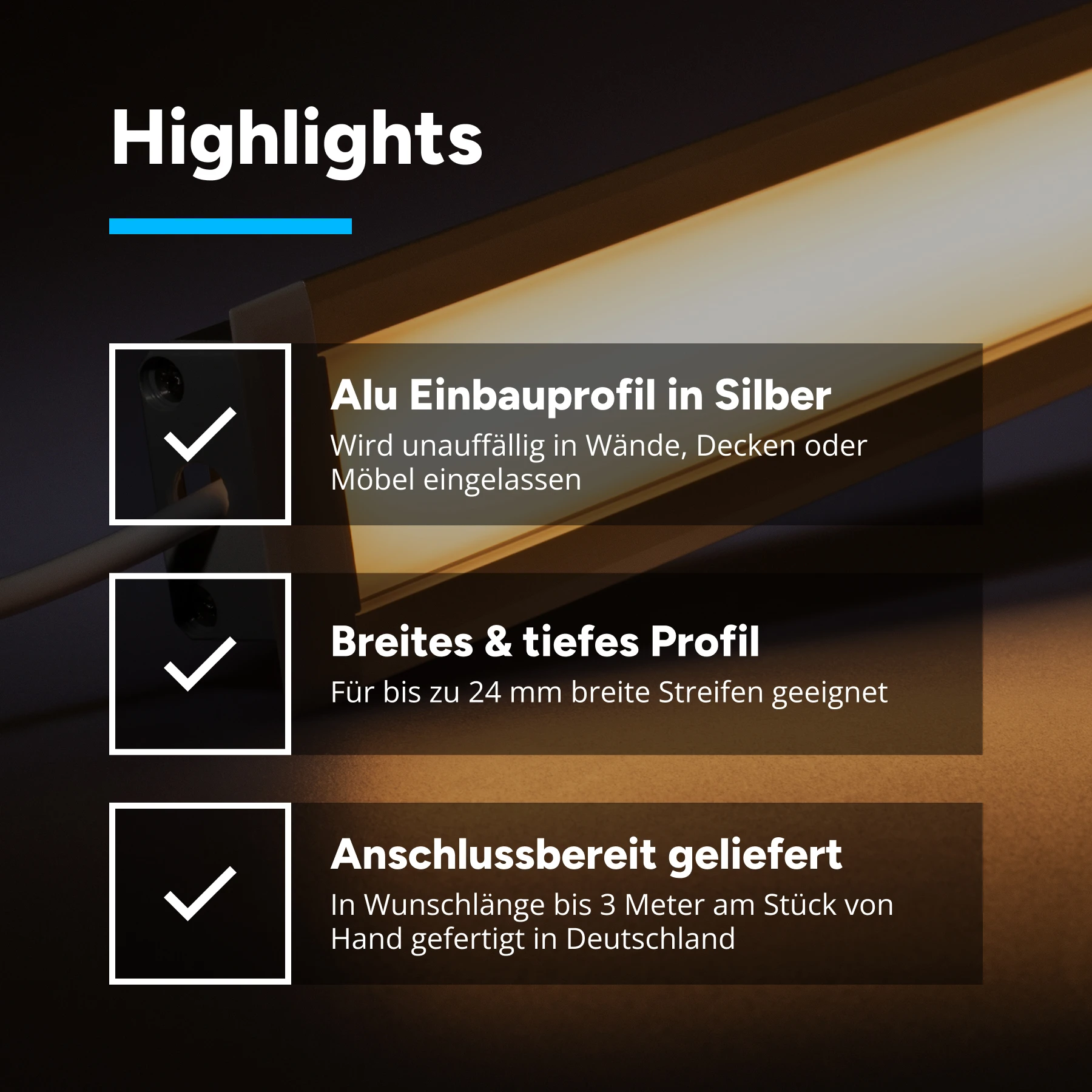 24V  Aluminium Einbau LED Leiste – warmweiß – diffuse Abdeckung - 23cm mit 28 SMD LEDs - 4 Watt 216 Lumen