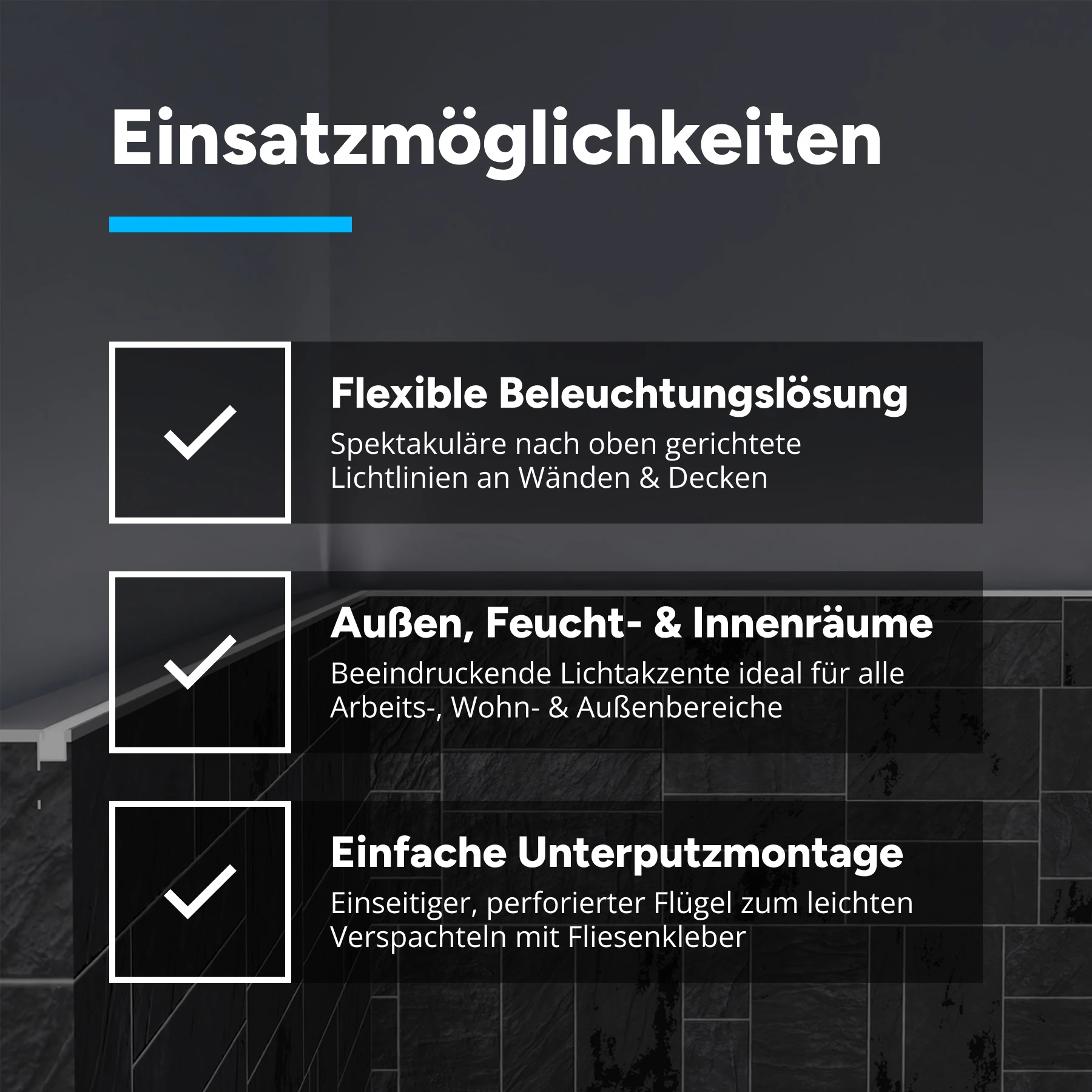 24V wasserfeste Fliesen LED Leiste - nach oben abstrahlend - COB - Neutralweiß - diffus - IP65 - 33cm - 144 LED Chips - 3 Watt - 296 Lumen