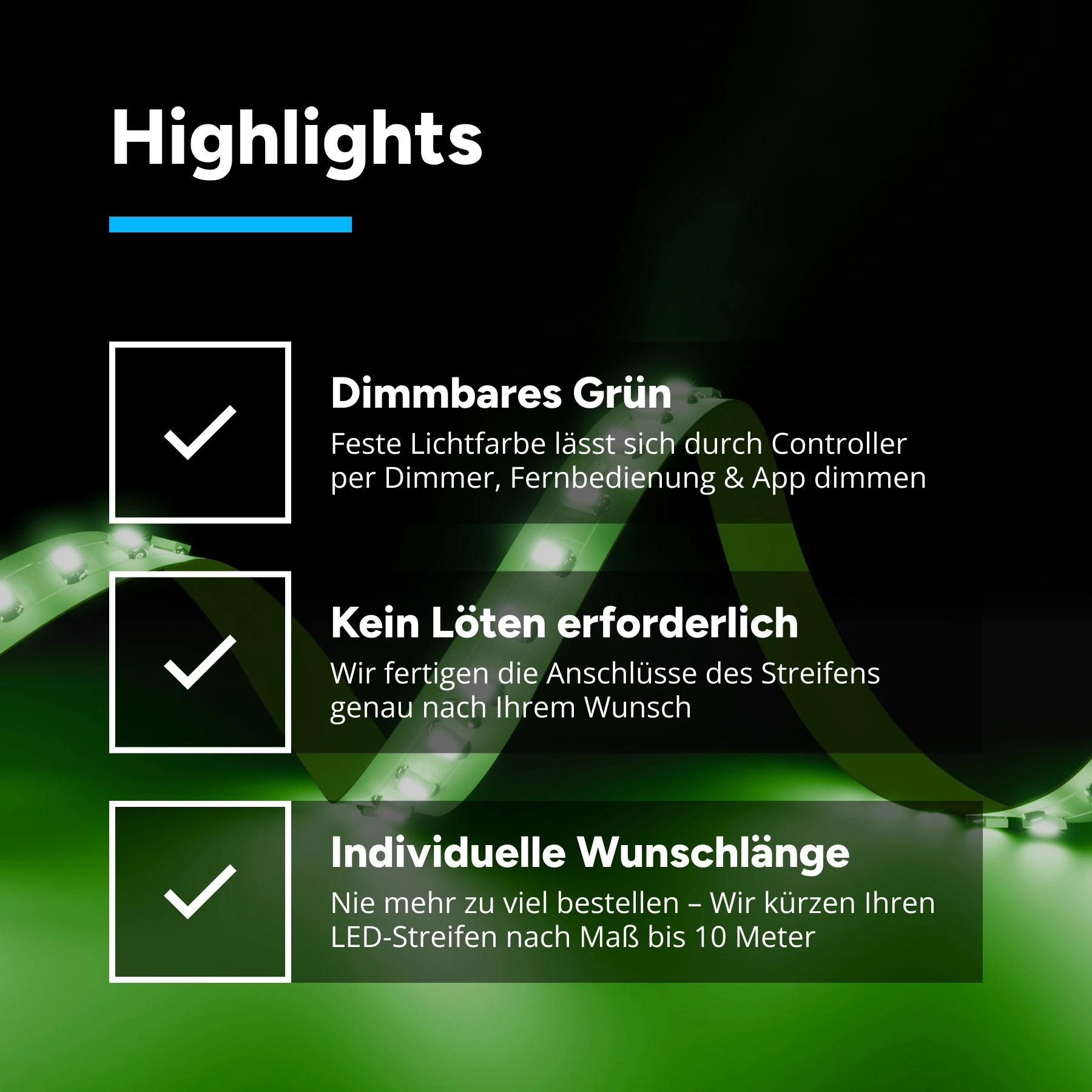 24V LED Streifen - grün - 140 LEDs je Meter - alle 5cm teilbar - 100cm Anschlußkabel zum Netzteil - mit 2 Steckerbuchsen - kein Löten - 25cm - 35 LEDs - 5 Watt