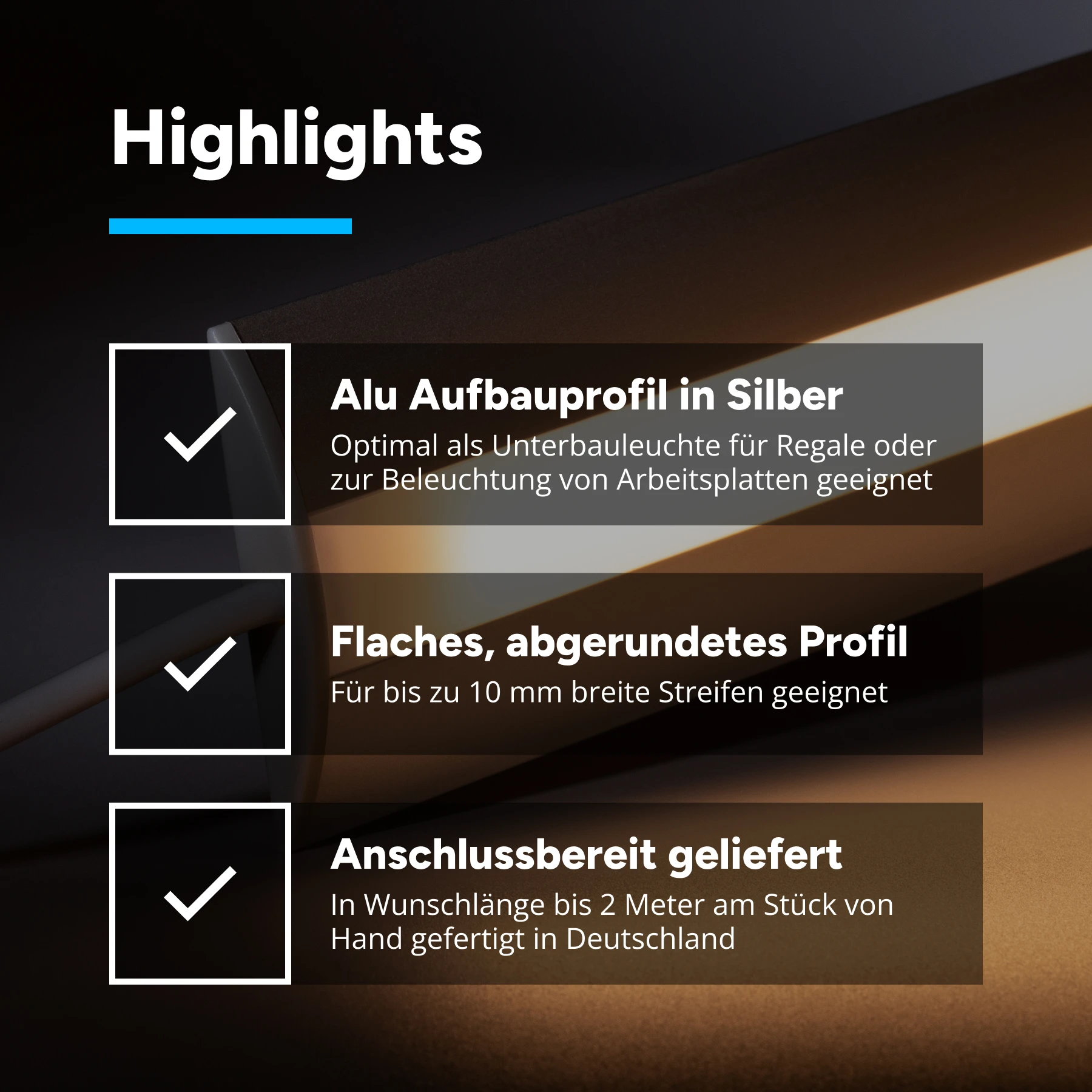 24V Aluminium Unterbau LED Leiste - warmweiß - diffuse Abdeckung - kein Anschlußkabel zum Netzteil - mit Ausgangskabel ( zum Anschluss einer weiteren LED- Leiste ) - 33cm - 42 LEDs - 6 Watt - 504 Lumen